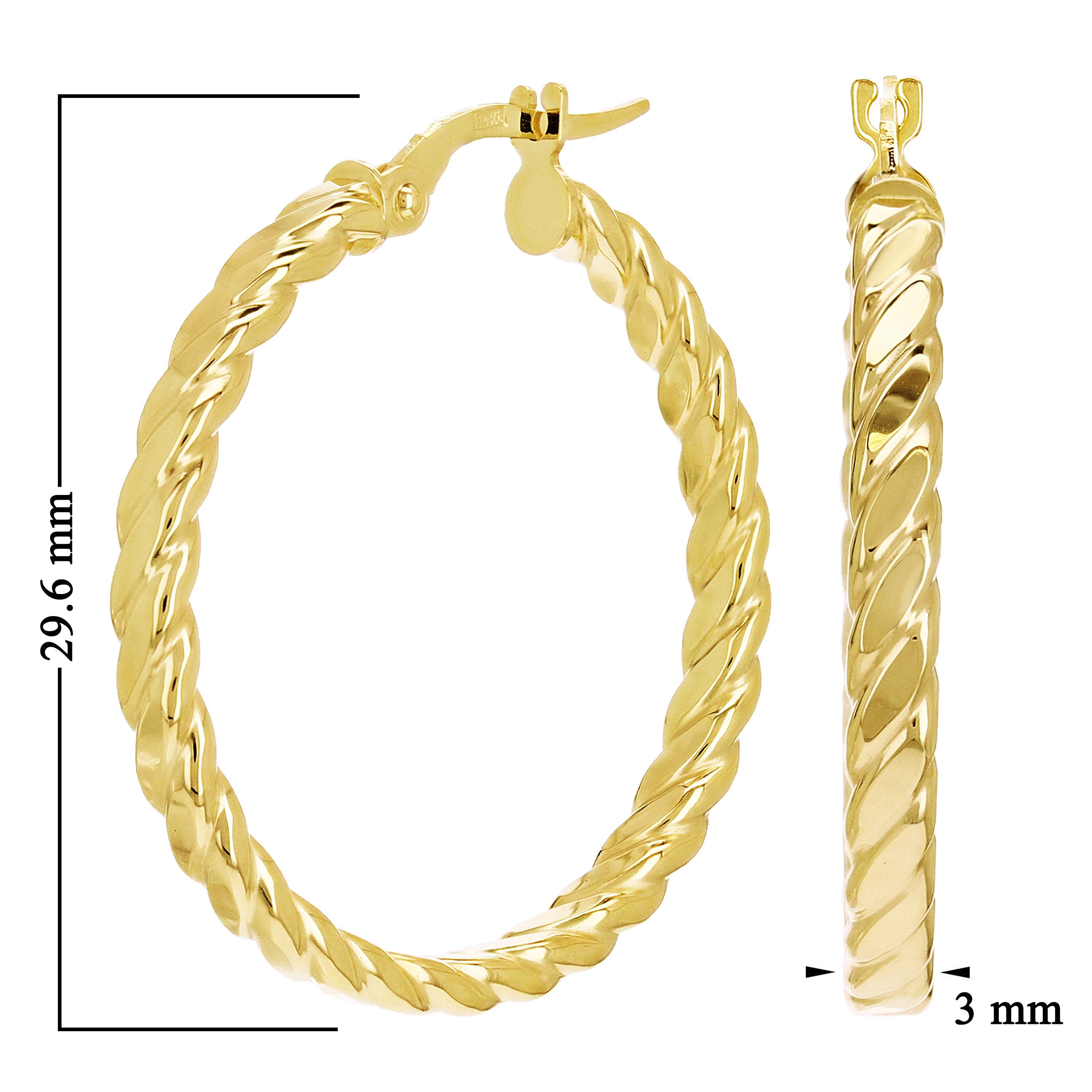 Italian 14k Yellow Gold Hollow Flat Rope Hoop Earrings 1.2" 3mm 2.5 grams