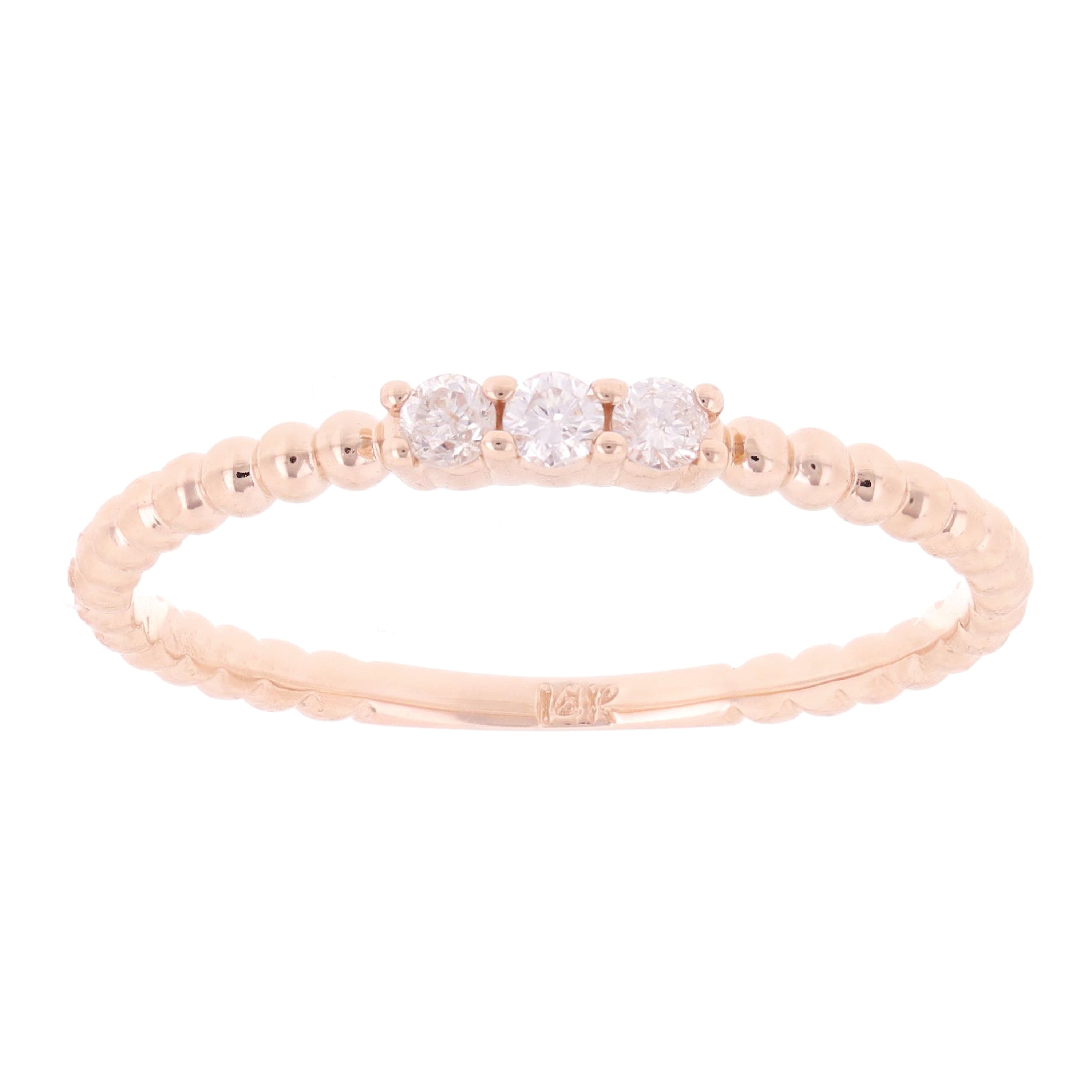 14k Rose Gold 0.09ctw Diamond 3-Stone Slim Beaded Stackable Ring Band Size 6.5 - Rose