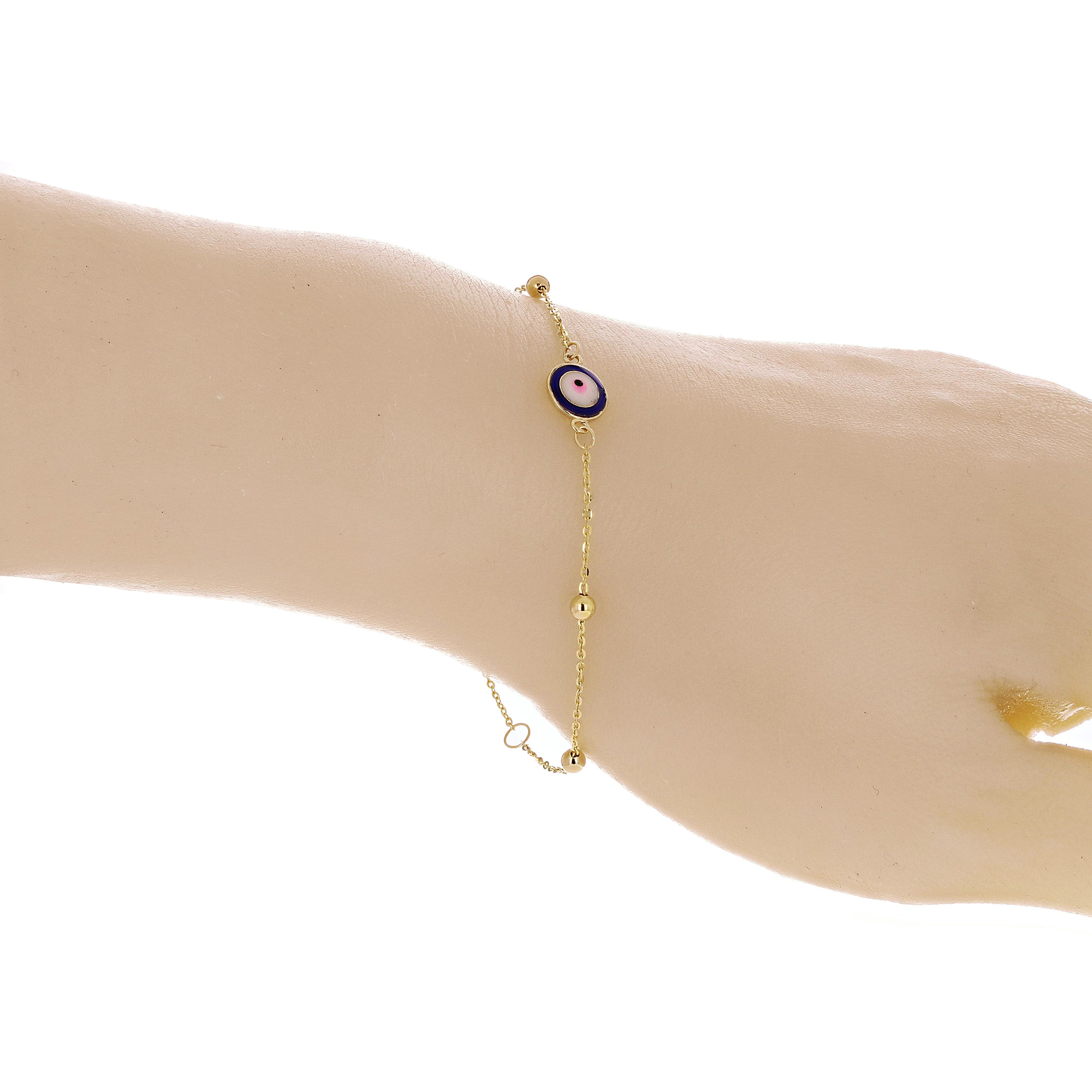 Italian 14k Yellow Gold Enamel Evil Eye Station Bracelet 7" 1.6 grams - 1 Dark Blue Eye