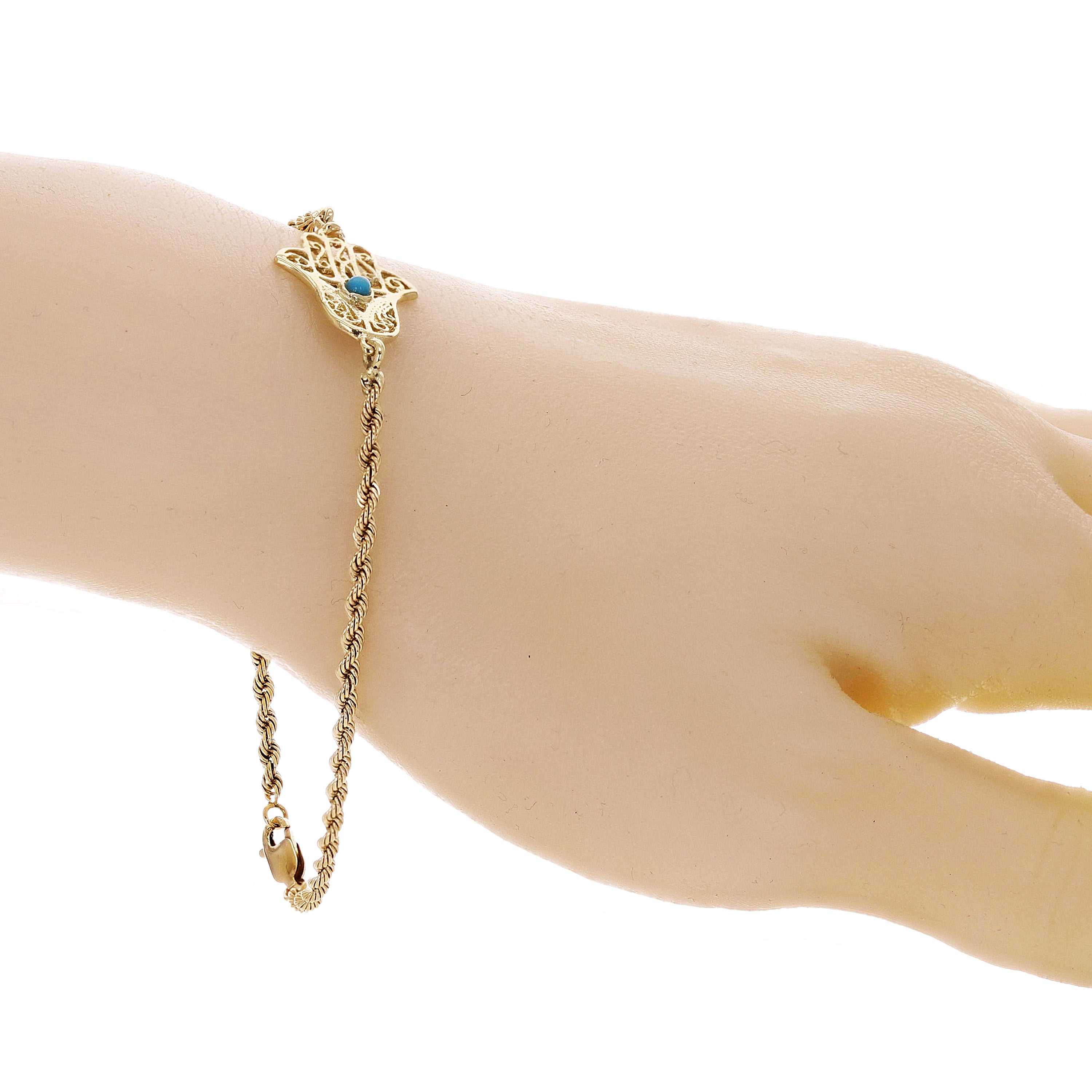 14k Yellow Gold Rope Chain Bracelet with Hamsa Hand of Fatima Charm 7" 5.2 grams - 7"