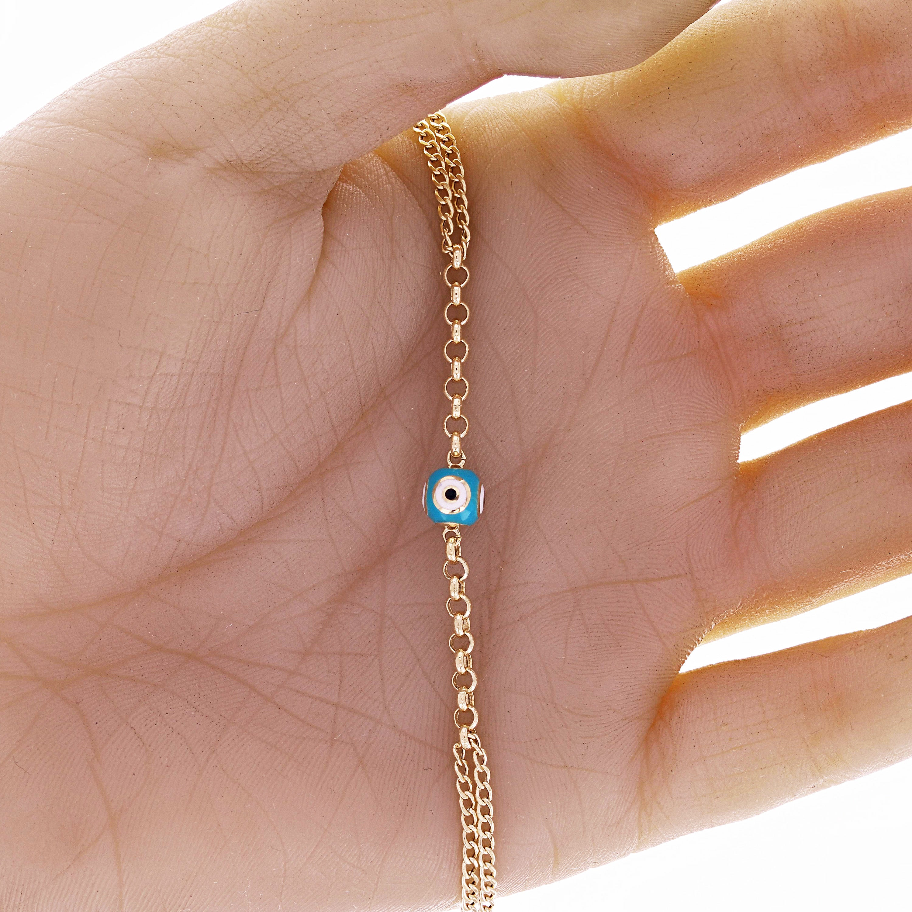 Italian 14k Yellow Gold Double Cuban Chain Evil Eye Charm Bracelet 7" 2.9 grams