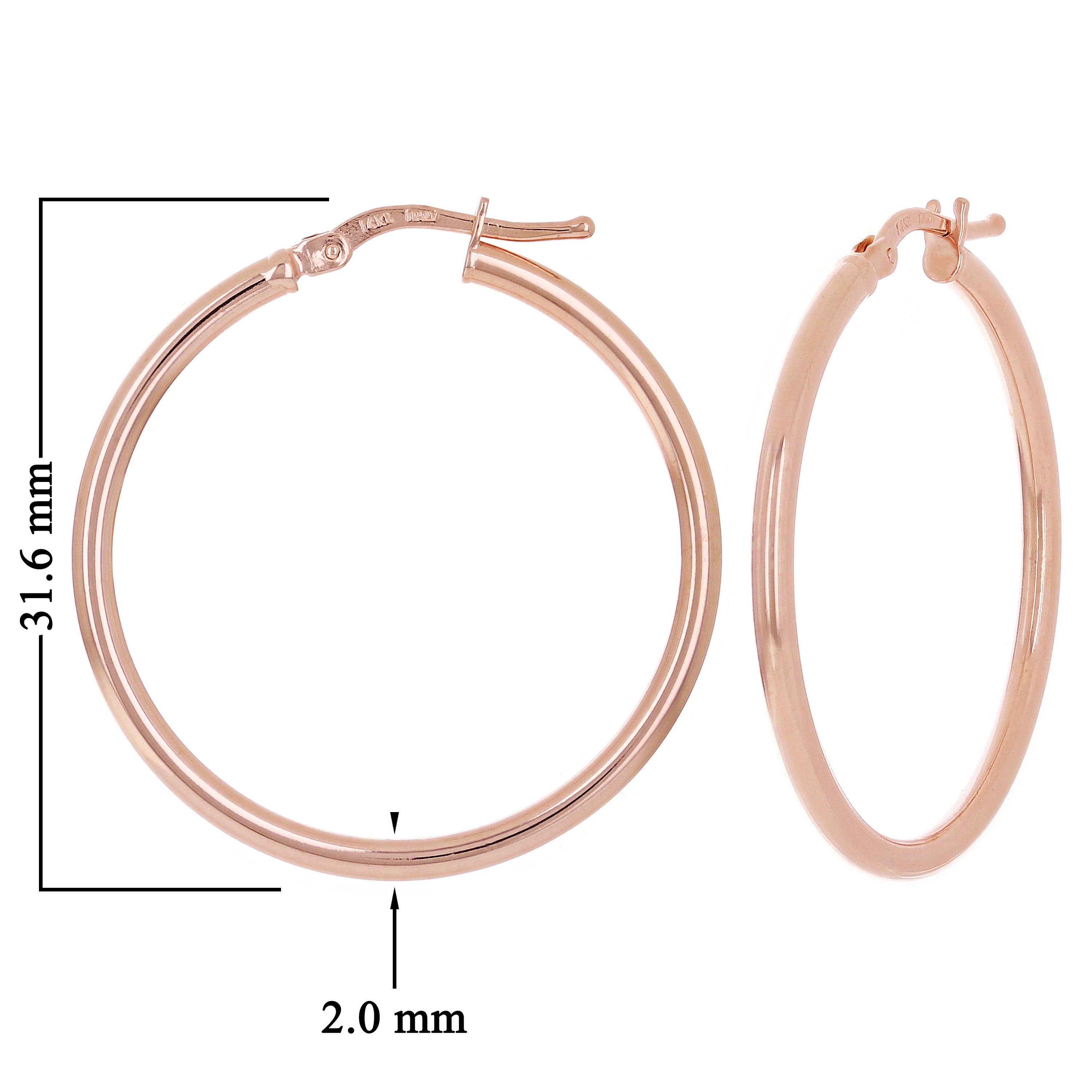 Italian 14k Rose Gold High Polished Plain 2mm Hollow Hoop Earrings 1.2" 2 grams - Rose,Size 1.2" 2 grams