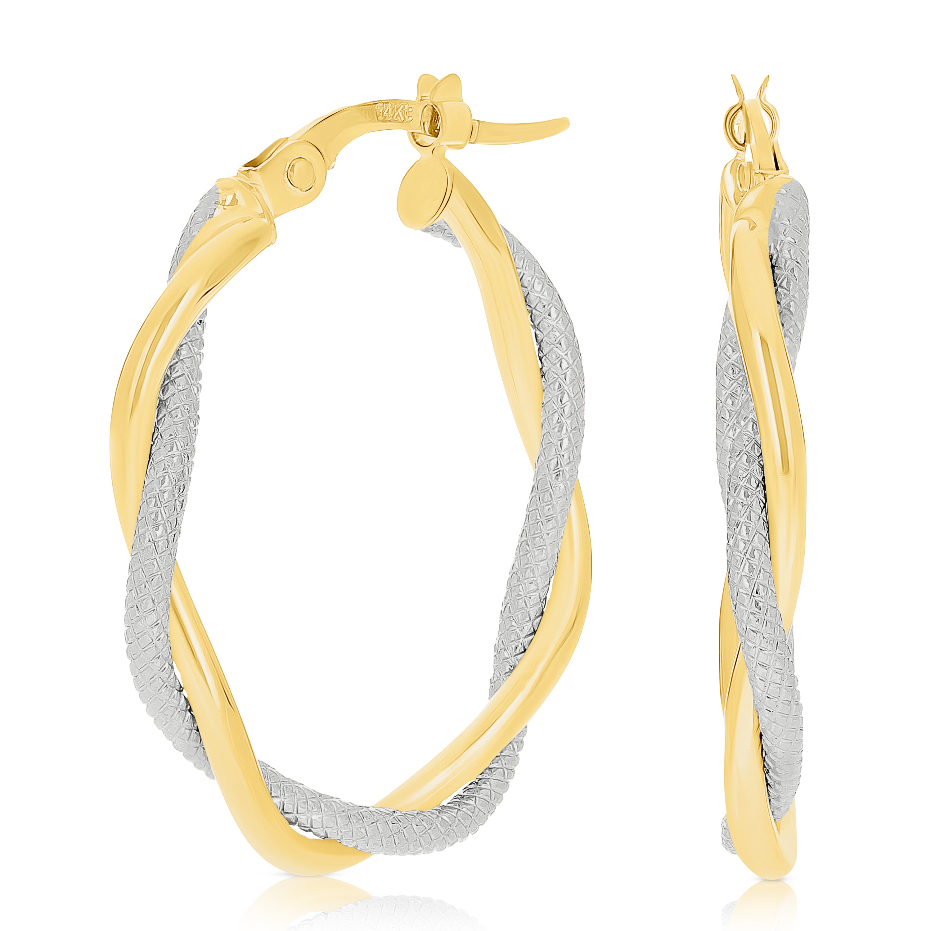 Italian 14k Yellow & White Gold Lattice Shine Twisted Hollow Oval Hoop Earrings