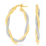 Italian 14k Yellow & White Gold Lattice Shine Twisted Hollow Oval Hoop Earrings