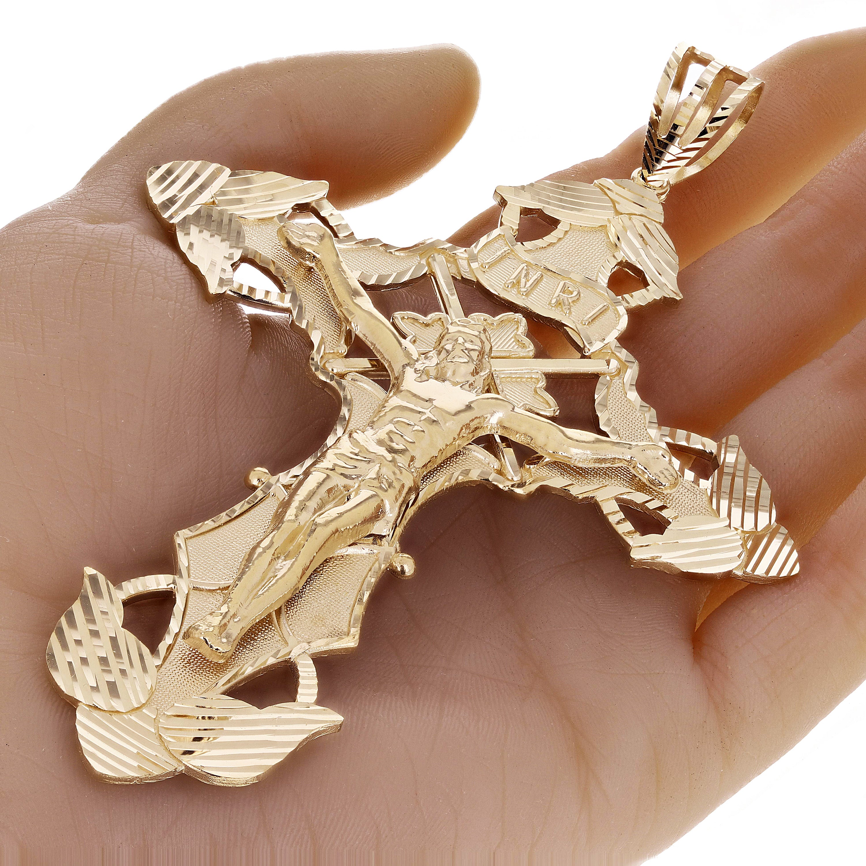 14k Yellow Gold BIG INRI Christ Passion Cross Crucifix Pendant 5.4" 55 grams