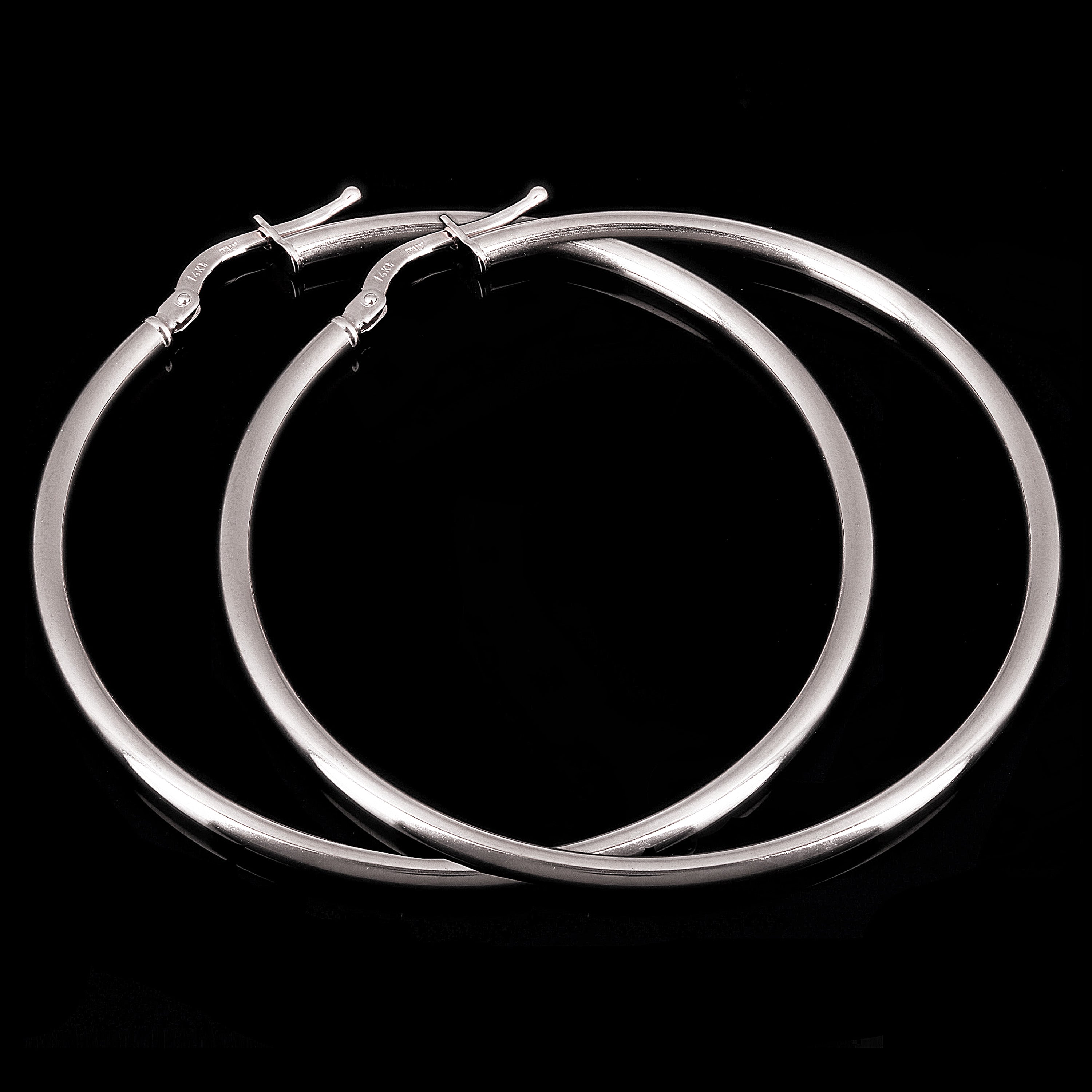 Italian 14k White Gold High Polished Plain 2mm Hollow Hoop Earrings 2" 2.9 grams - White,Size 2" 2.9 grams