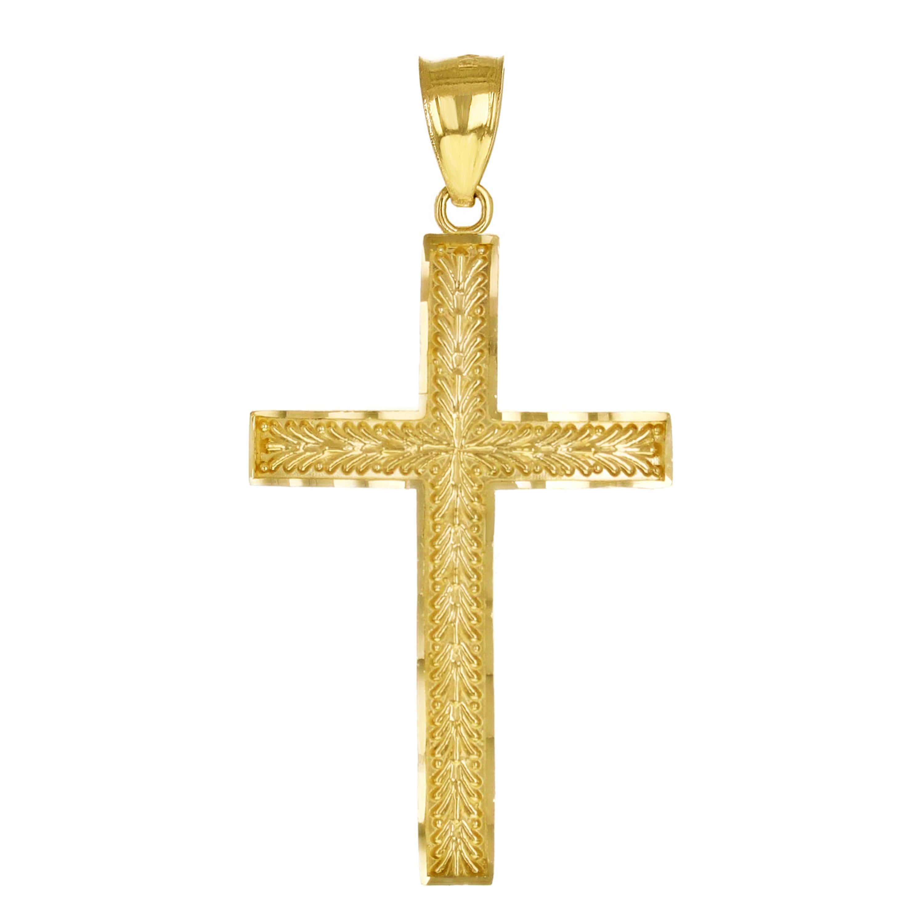 14k Yellow Gold Solid Diamond Cut Leaf Pattern Cross Pendant 1.7" 2.5 grams