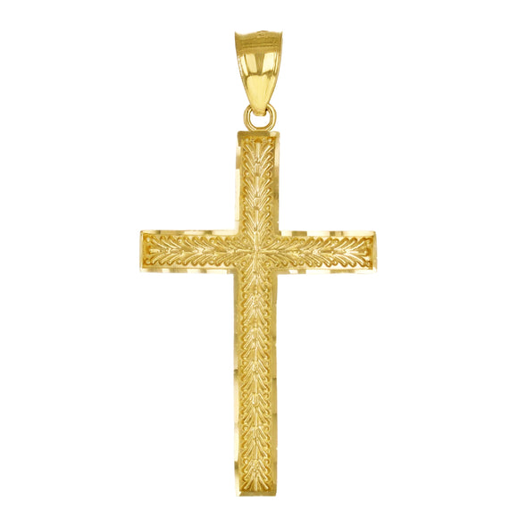 14k Yellow Gold Solid Diamond Cut Leaf Pattern Cross Pendant 1.7