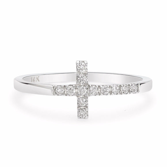 14k White Gold 0.15 CTW Round Natural Diamond Sideways Cross Ring Size 6