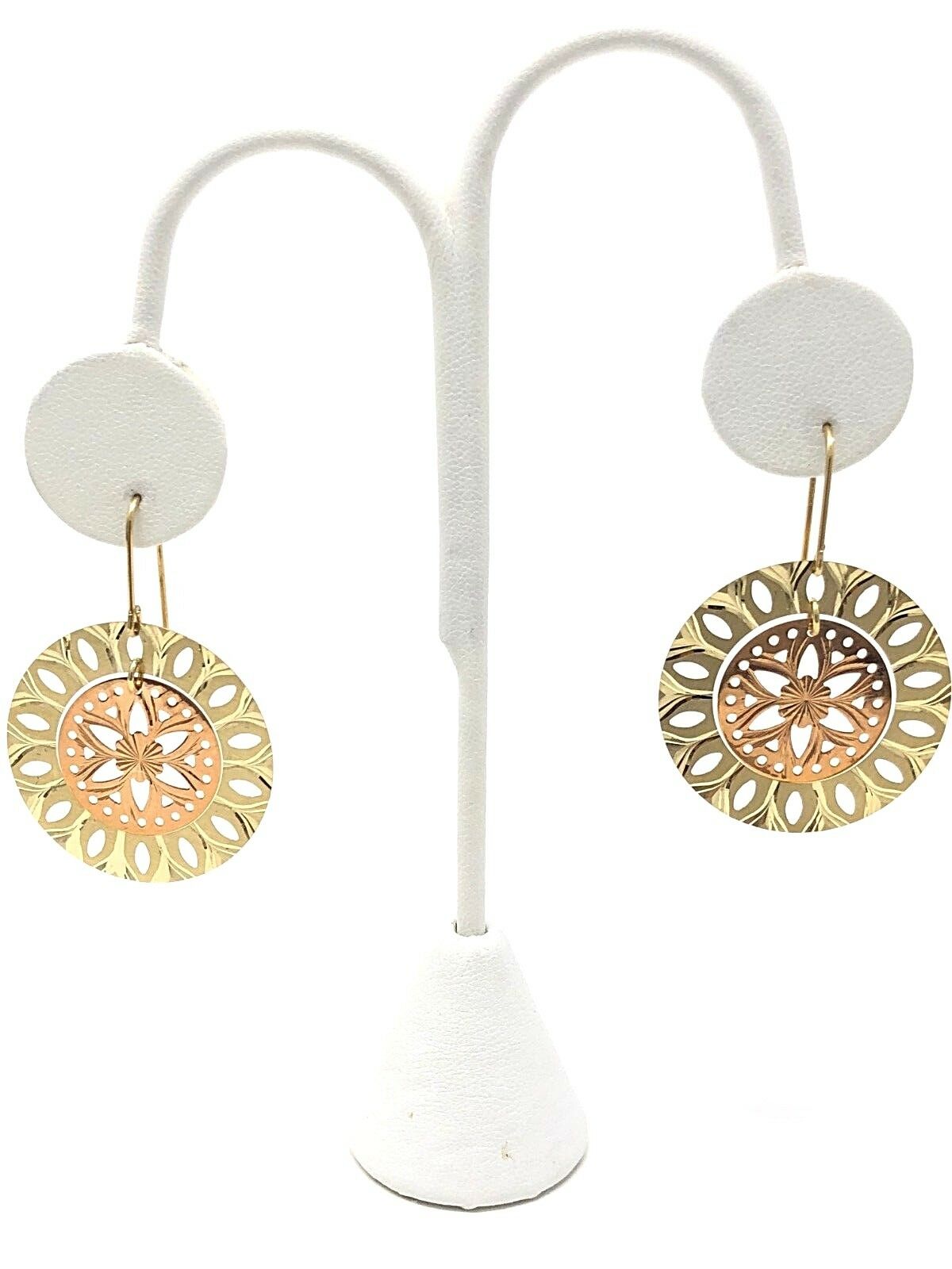 Italian 14k Two Tone Gold Flower Round Disc Earrings & Pendant Set 5.8g