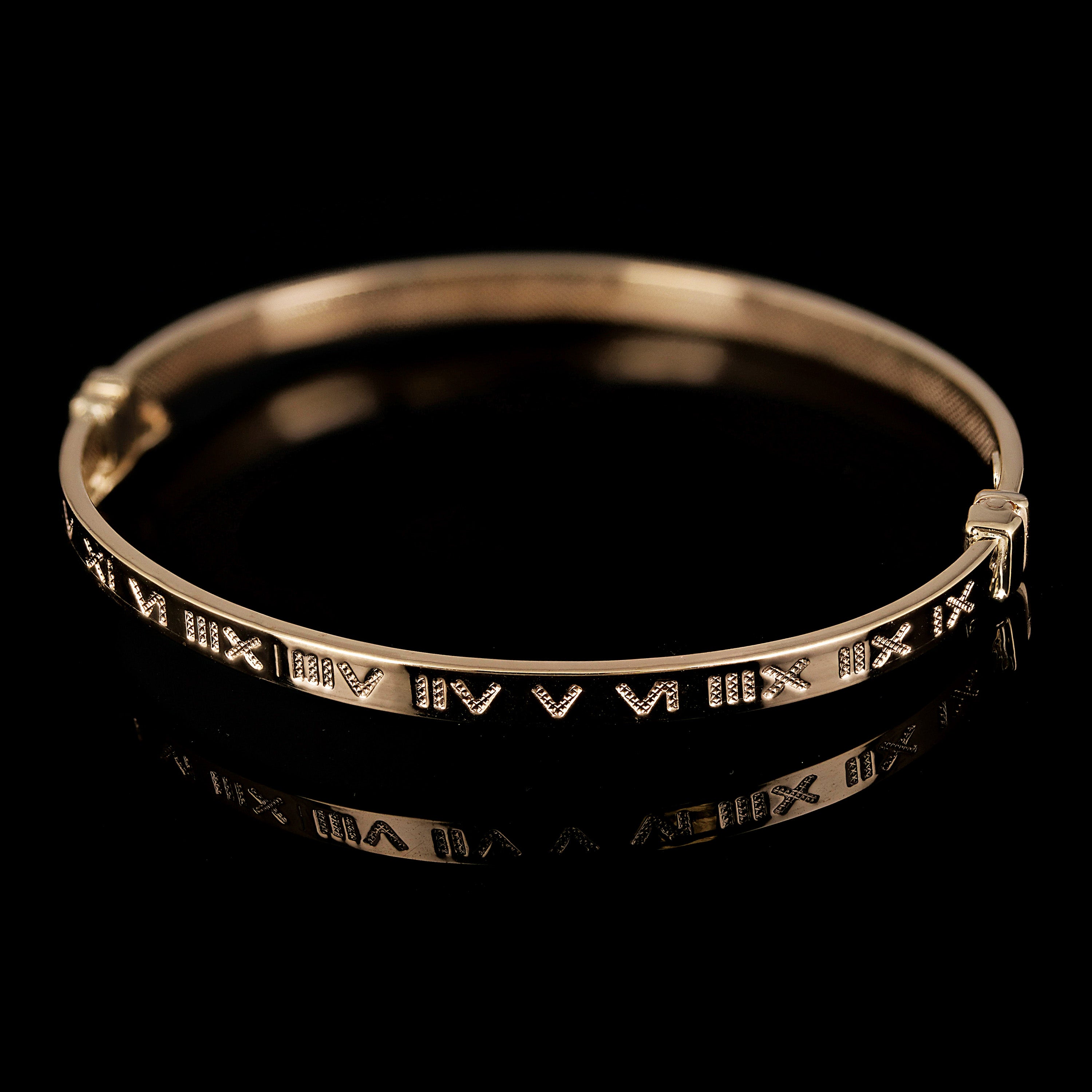 Italian 14k Yellow Gold Hollow Square Tube Roman Numeral Bangle Bracelet 7" 4mm