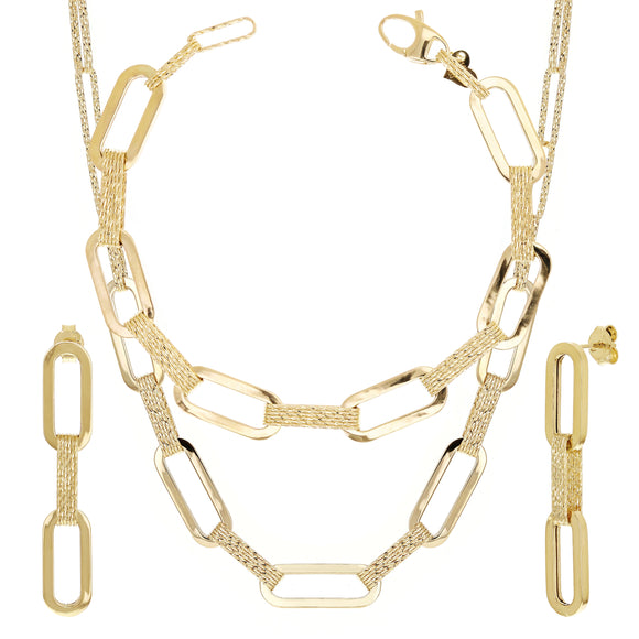 Italian 14k Yellow Gold Paper Clip Link Necklace, Bracelet & Earrings Set 27.2 grams