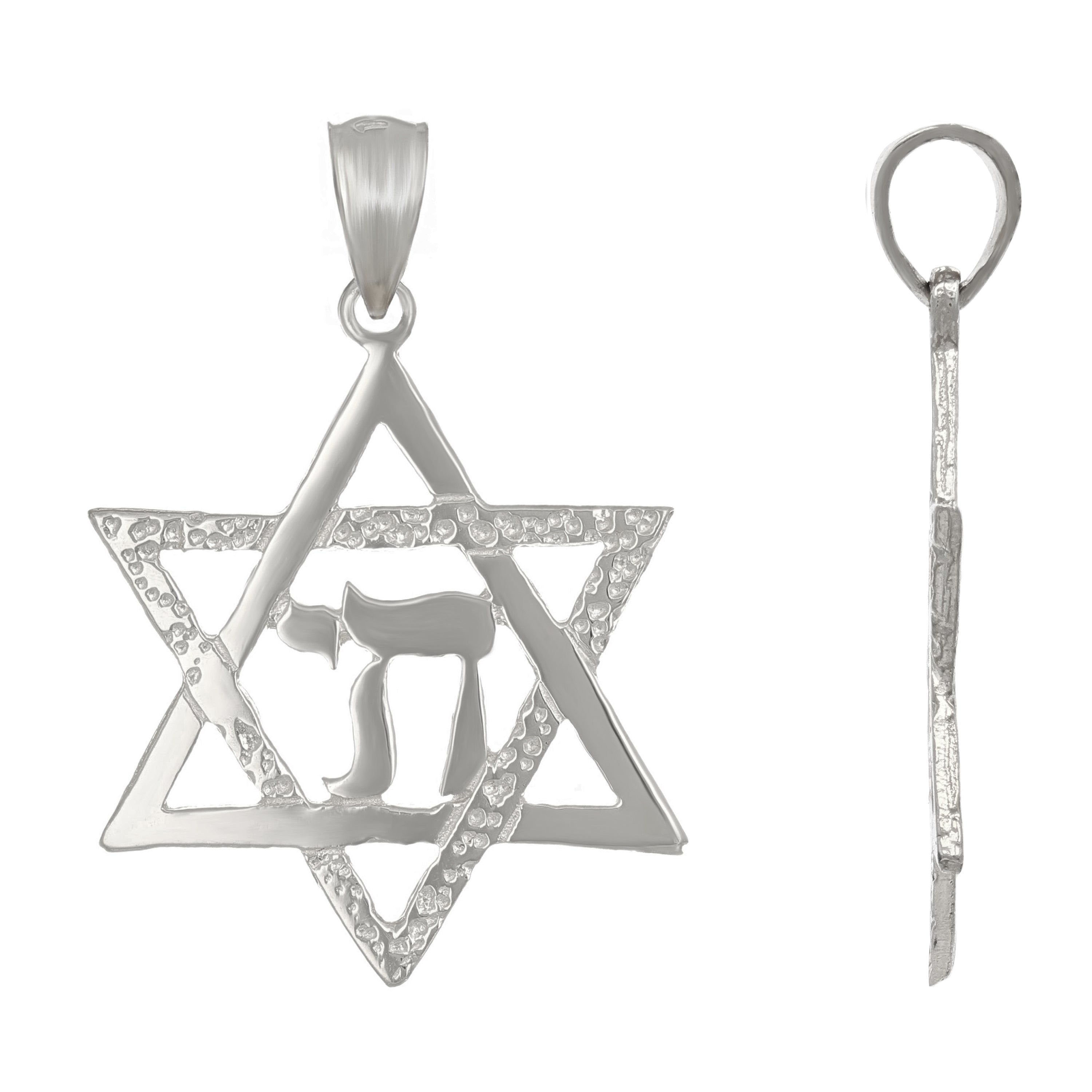 14k White Gold Jewish Star Of David Hebrew Chai Charm Pendant 2.2 grams - White