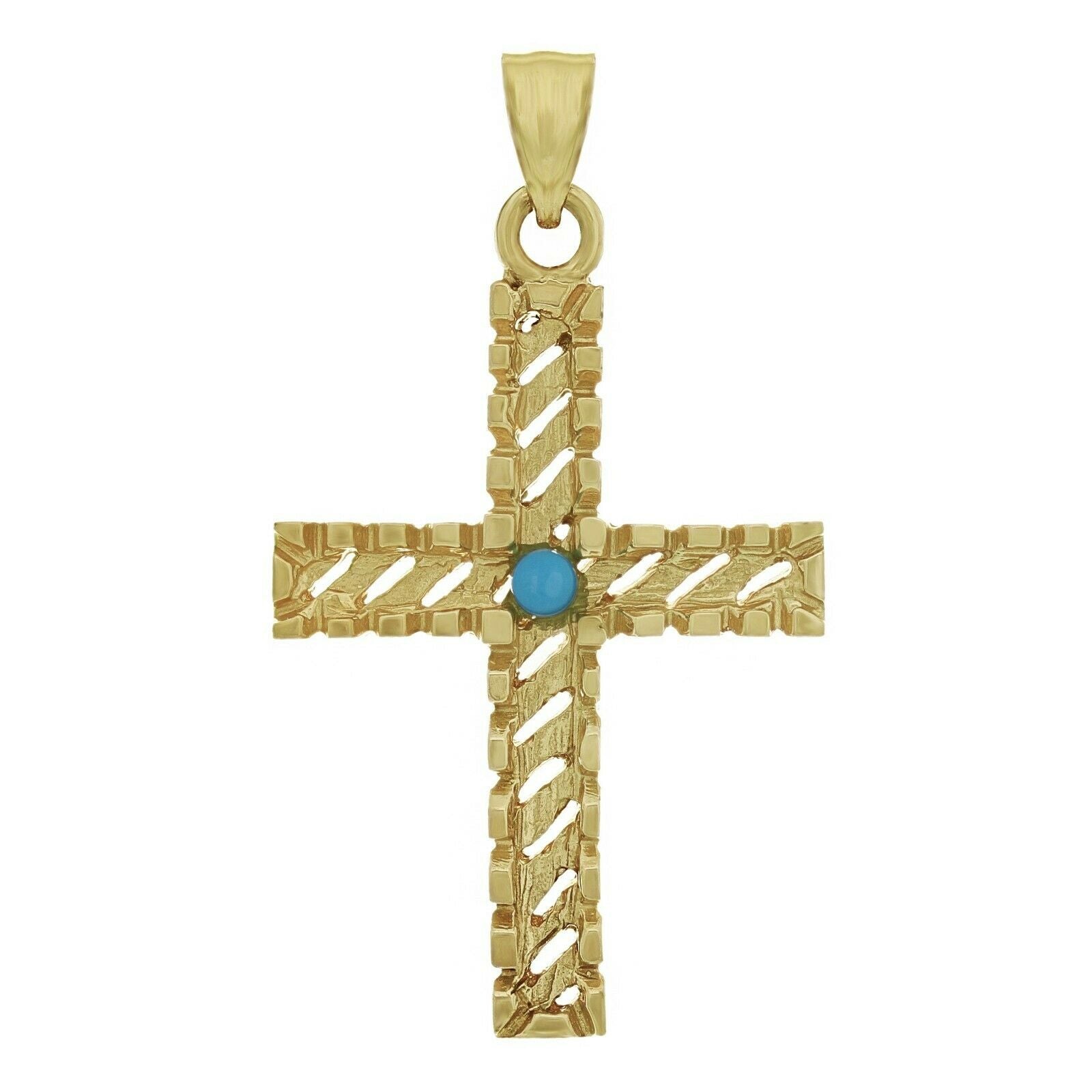 14k Yellow Gold Cross with Turquoise Diamond Cut Charm Pendant 1.45" 3.3 grams