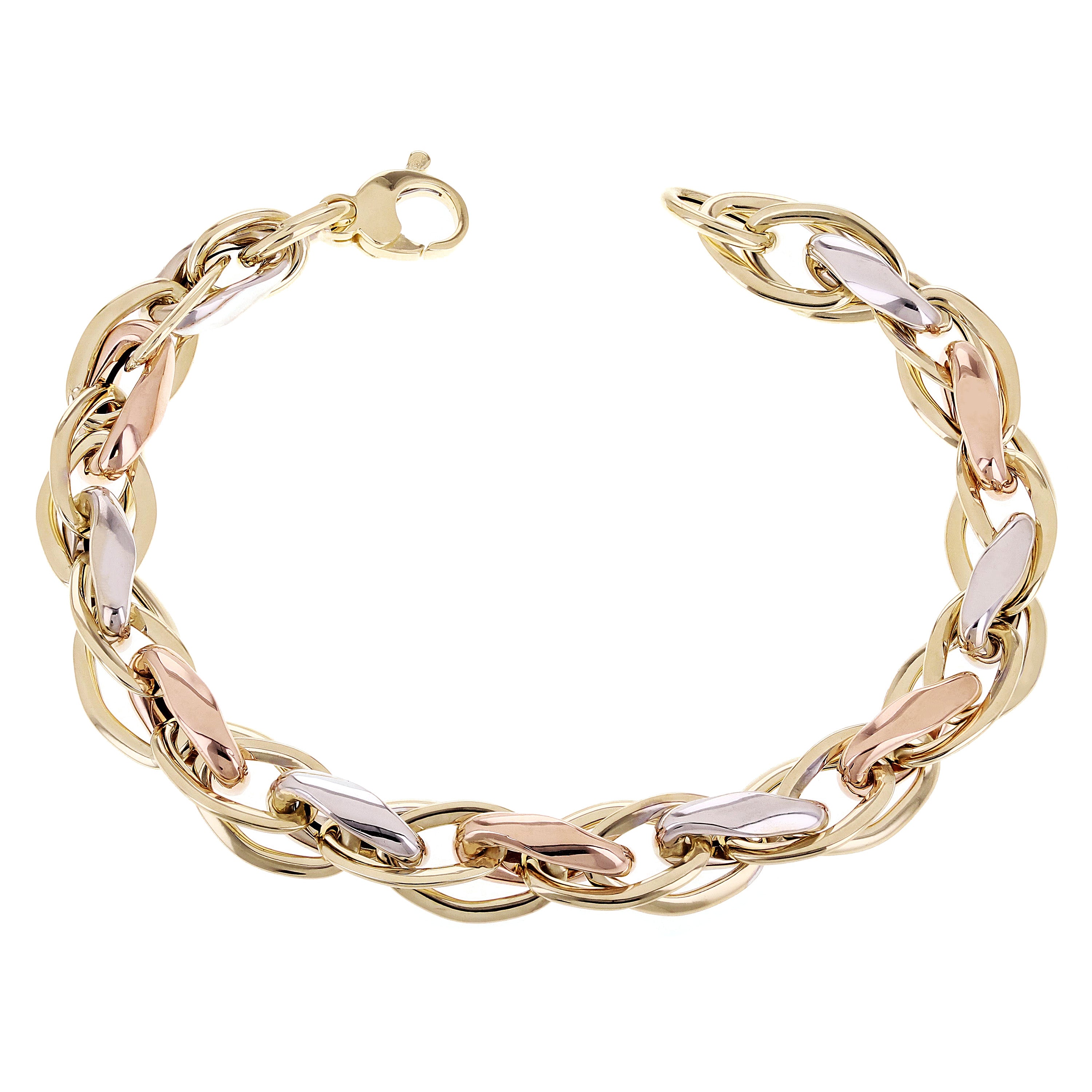 Italian 14k Tri-Color Gold Hollow Triple Oval Link Bracelet 7.5" 9mm 8 grams