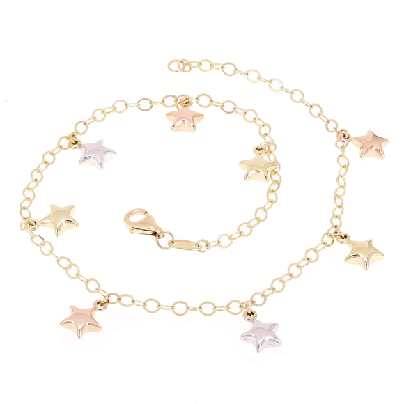 Italian 14k Tri-Color Gold Star Charm Rolo Chain Anklet/Bracelet 10