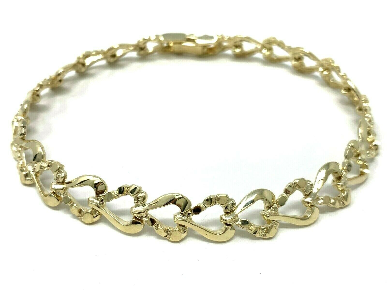 14k Yellow Gold Half Plain & Nugget Heart Link Bracelet 7.5" 8.6mm 13.9 grams - Yellow,7.5"