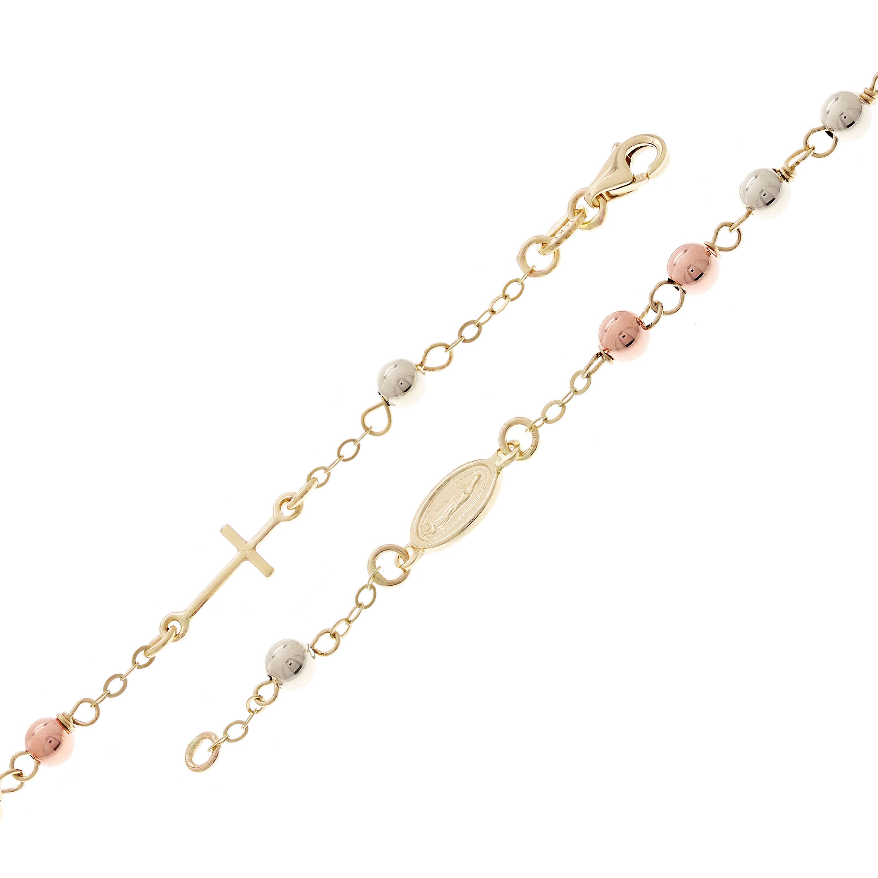 Italian 14k Tri-Color Gold Miraculous Medal Charm Rosary Bracelet 7.5" 4mm 3gram