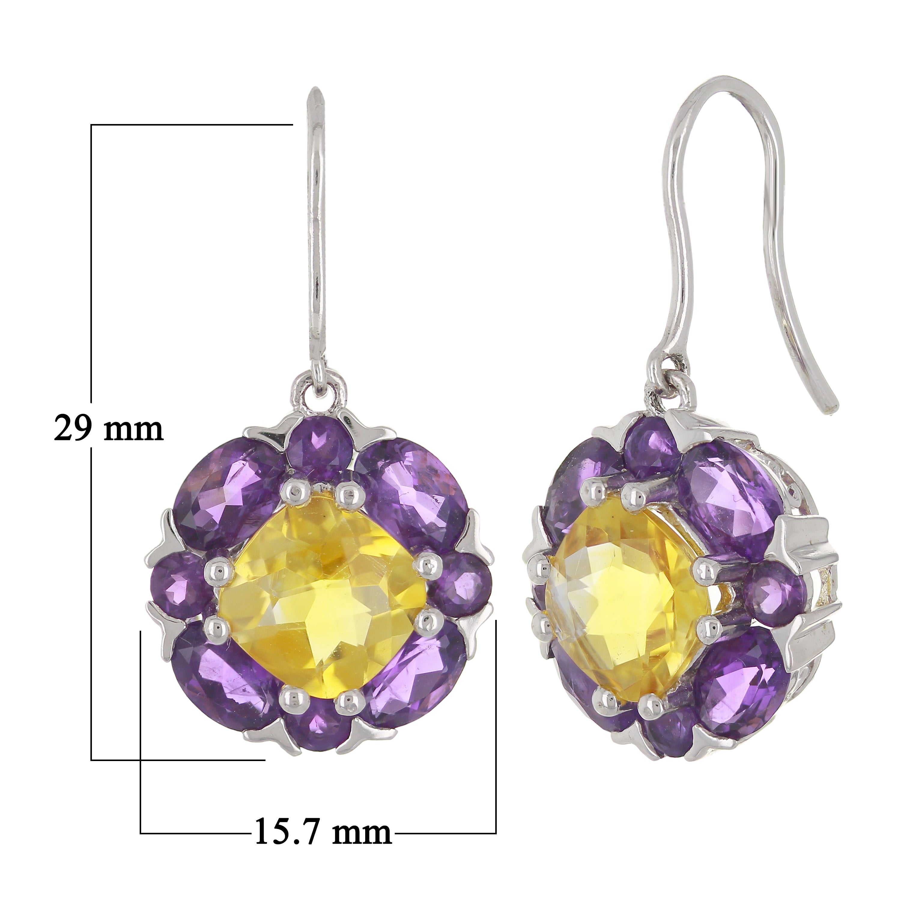 14k White Gold Citrine & Amethyst Gemstone Bouquet Flower Dangle Earrings