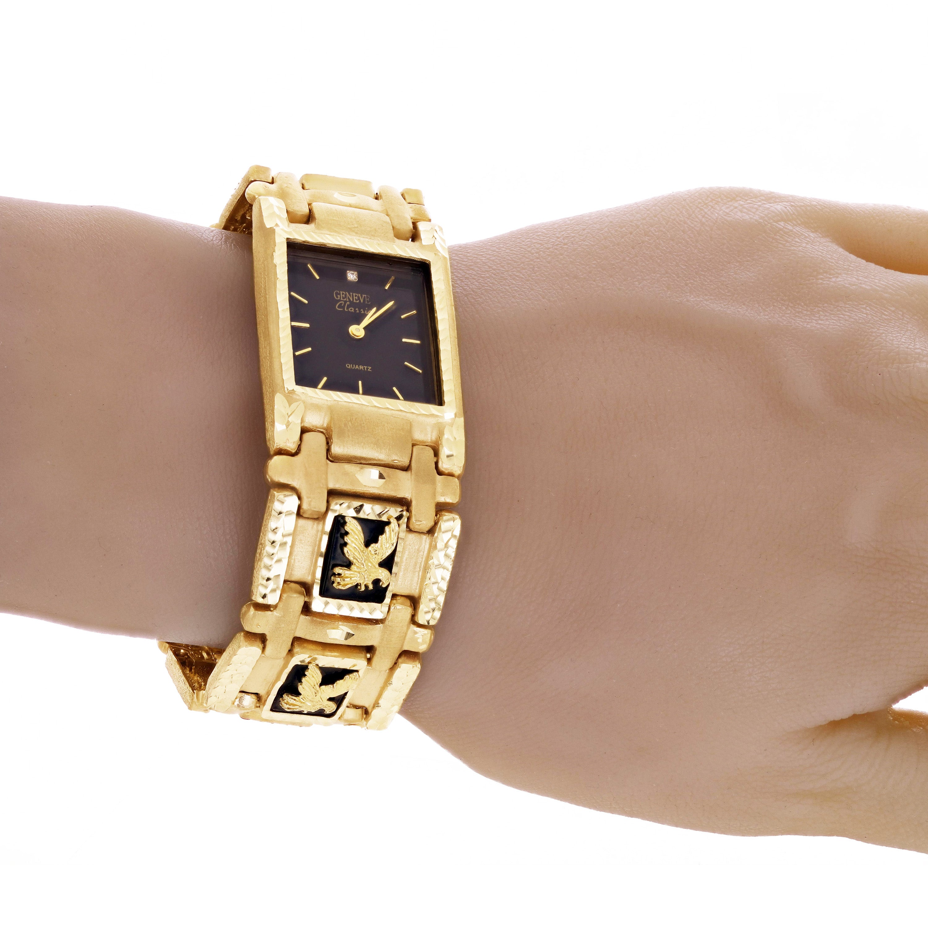 14k Yellow Gold Watch Band Eagle&Black Onyx Geneve Diamond Watch 7.5" 73.4 grams - Black 7.5" 73.4 grams