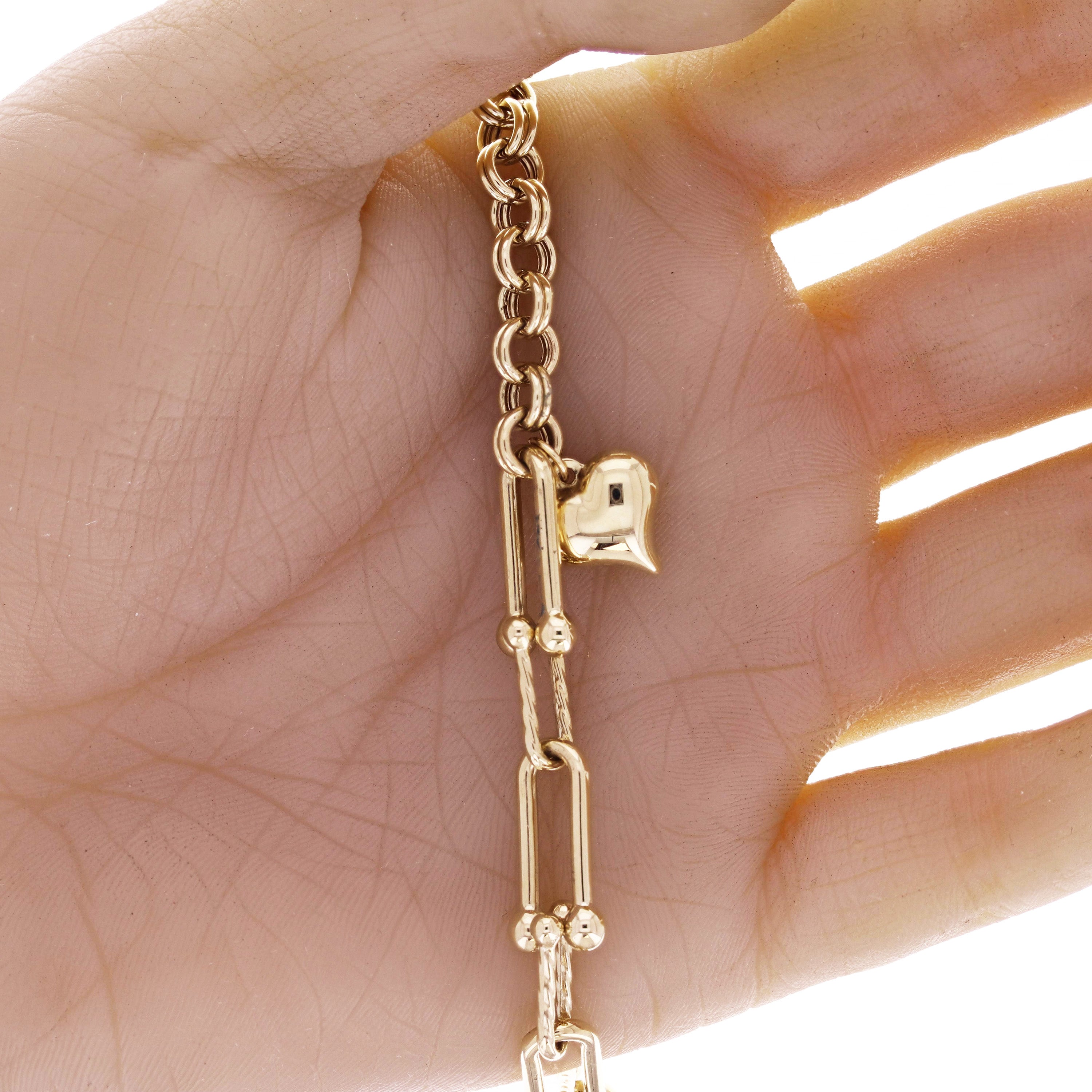 Italian 14k Yellow Gold Hollow U Link Rolo Heart Charm Bracelet 7.5" 6.3 grams