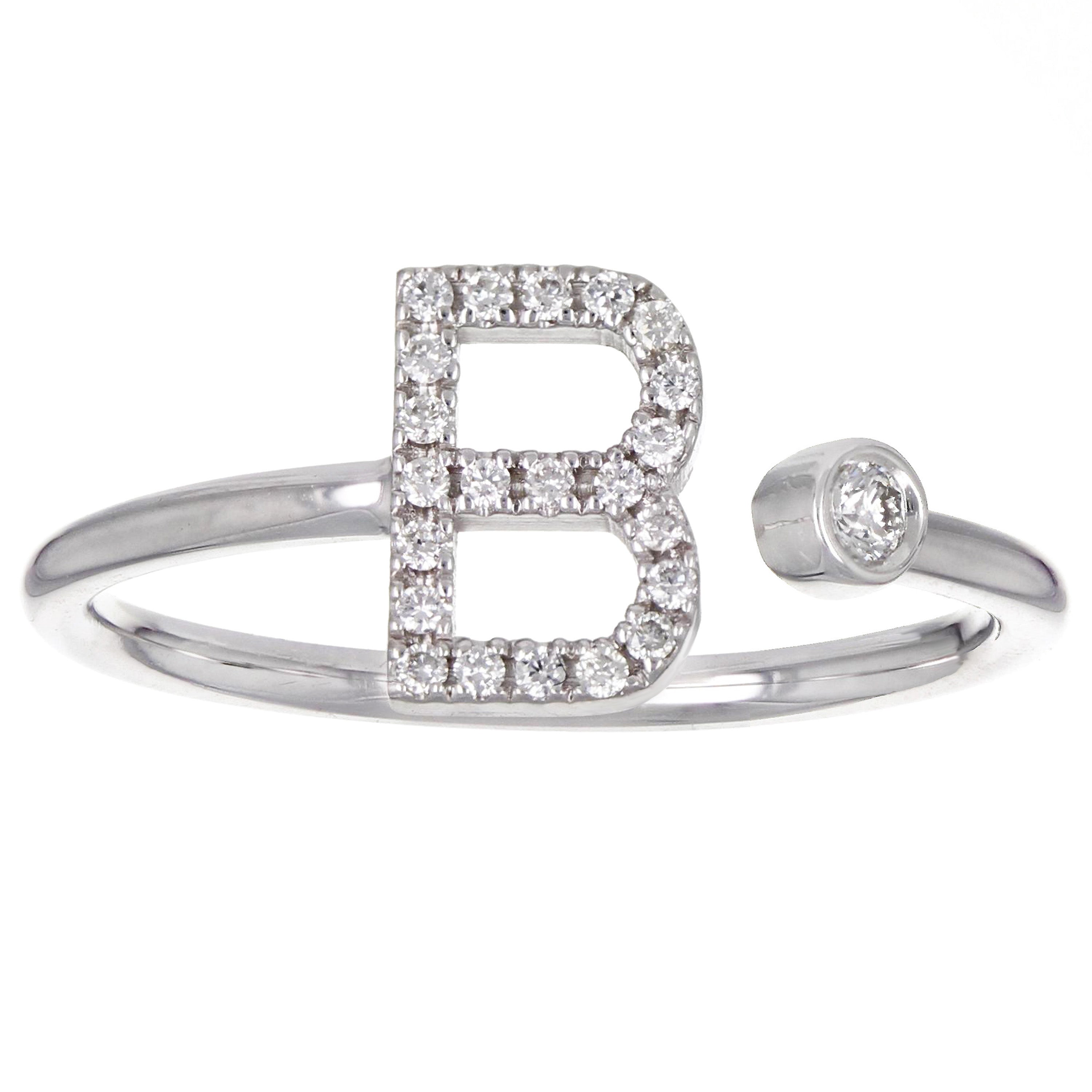 14k White Gold Diamond Initial Letter B Ring Size 6 - Letter B,White