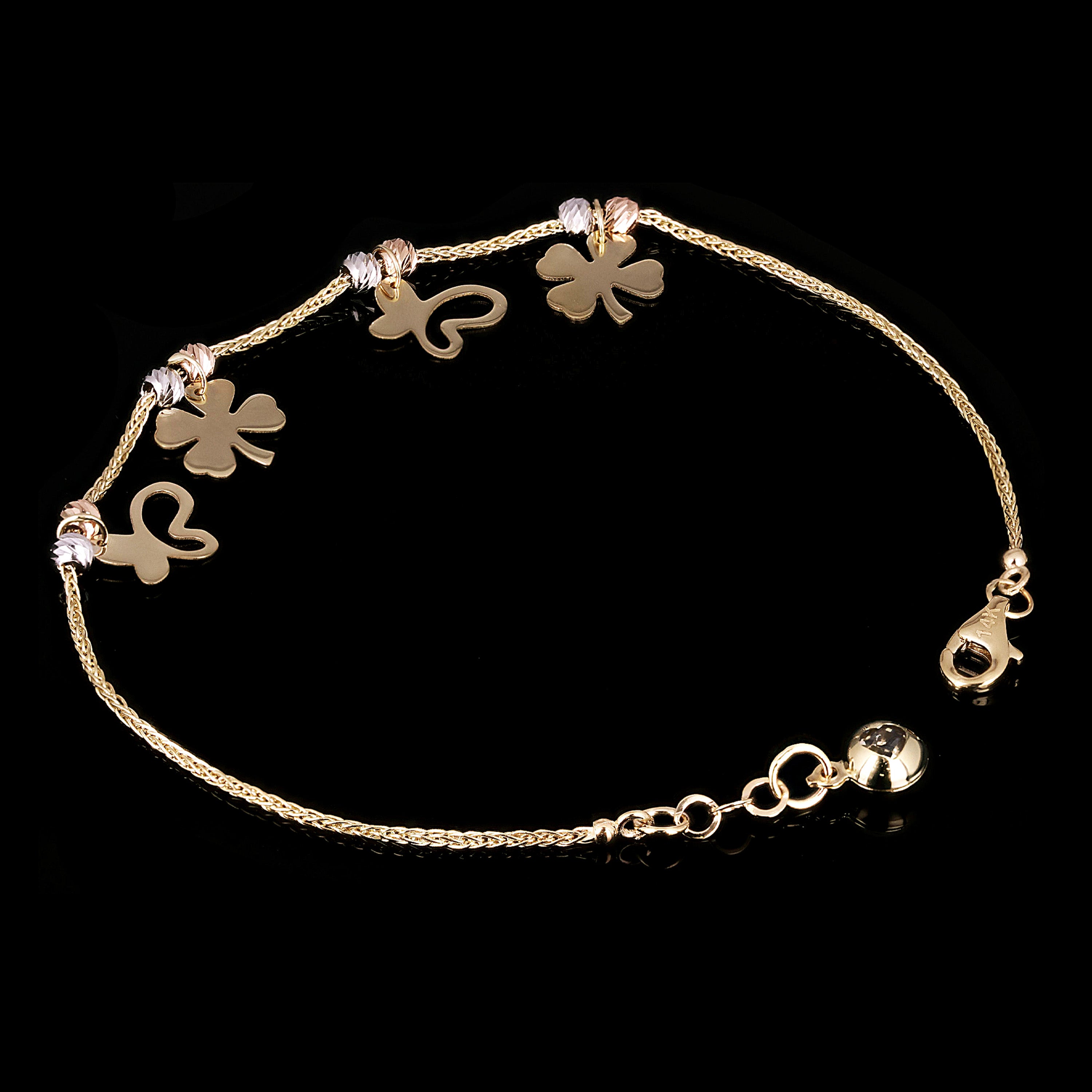 Italian 14k Tri Color Gold Four Leaf Clover & Butterfly Charm Bracelet 7" 2.9g
