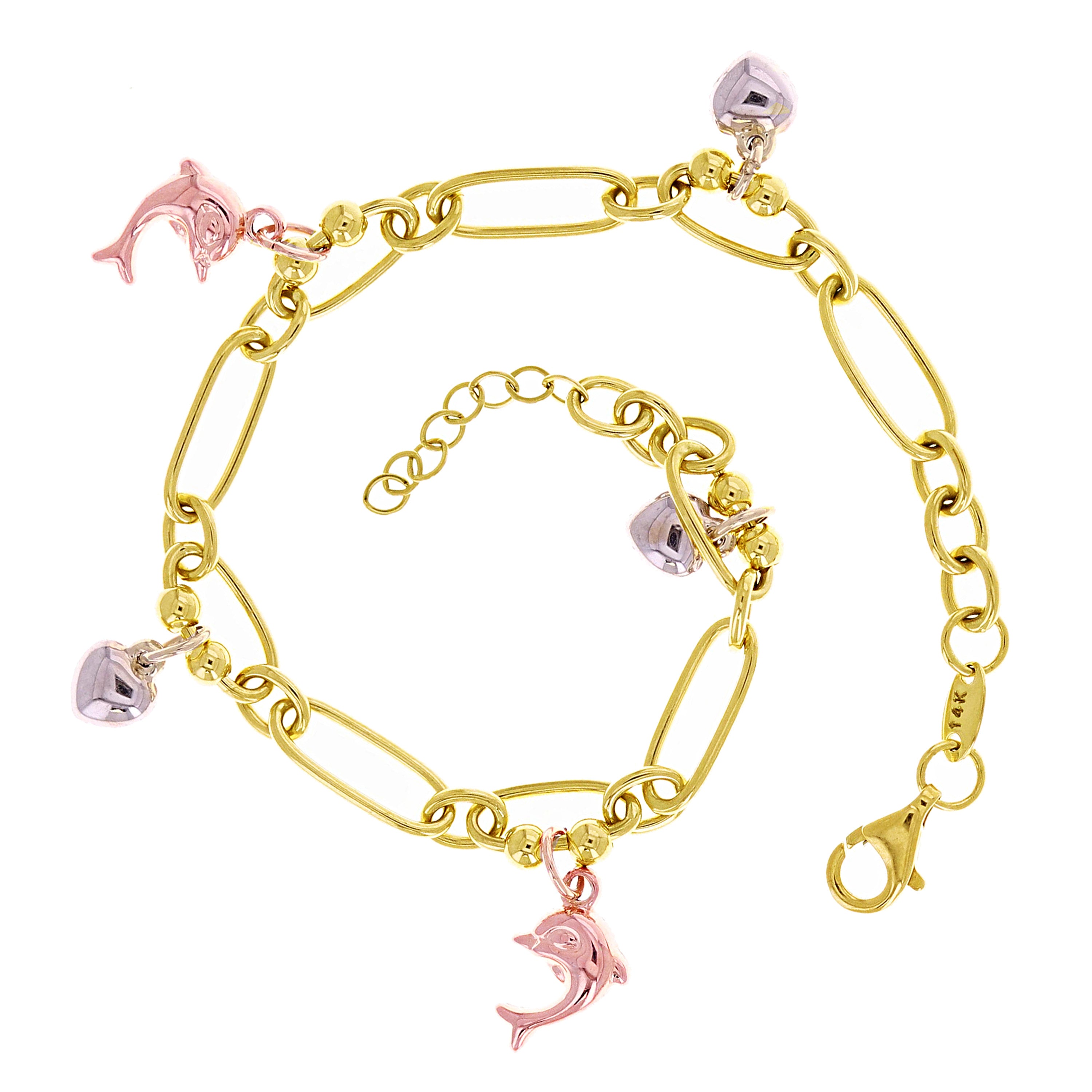 Italian 14k Tri Color Gold Heart & Dolphin Paper Clip Chain Bracelet 7.25" 7.3g