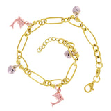 Italian 14k Tri Color Gold Heart & Dolphin Paper Clip Chain Bracelet 7.25" 7.3g