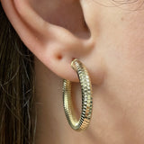 Italian 14k Yellow Gold Honeycomb Medium Thick Hollow Hoop Earrings 1.1"