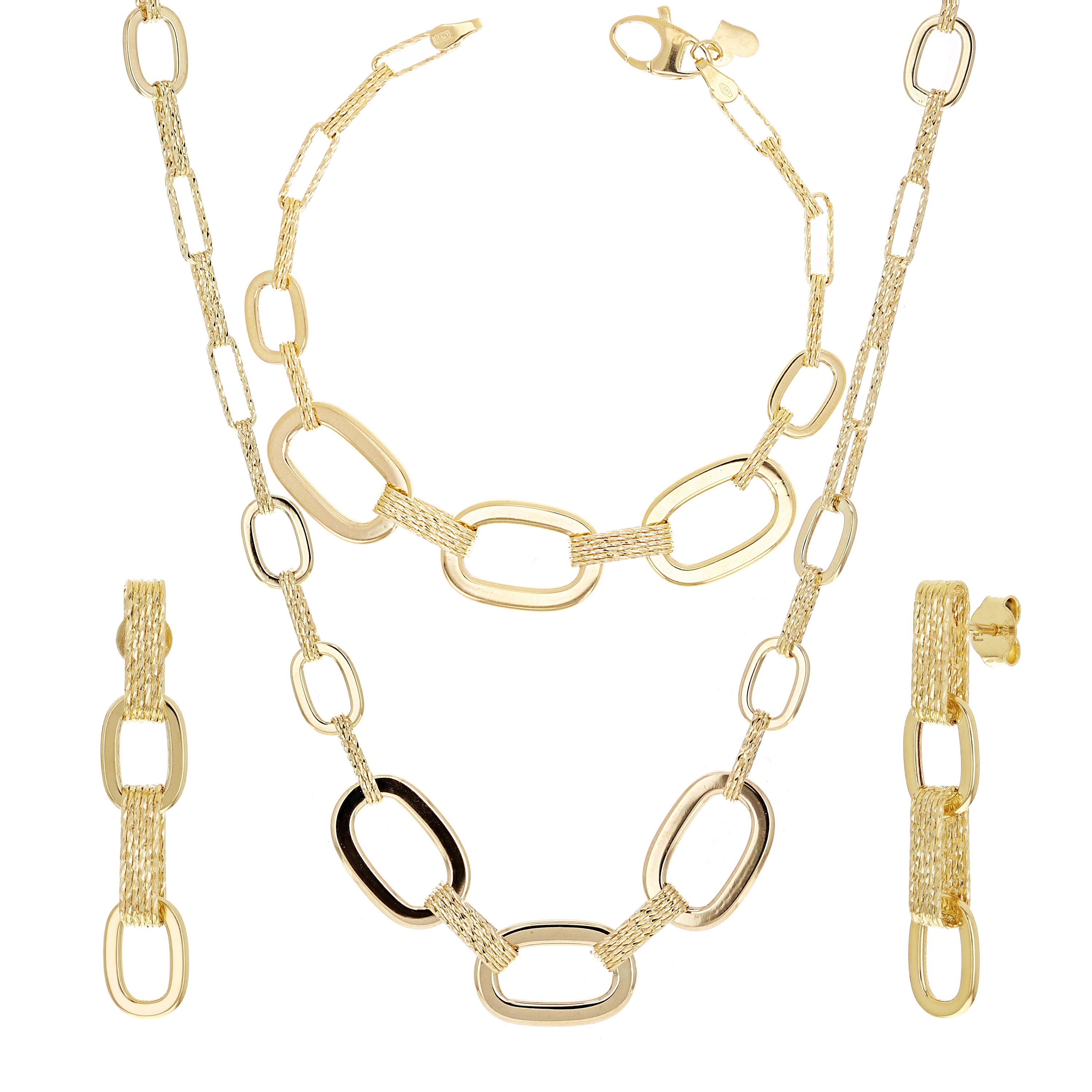 Italian 14k Yellow Gold Oval Links Necklace, Bracelet & Earrings Set 24.4 grams