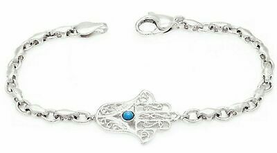 14k White Gold Hamsa Hand of Fatima Charm Bracelet with Turquoise 7" 9.7 grams