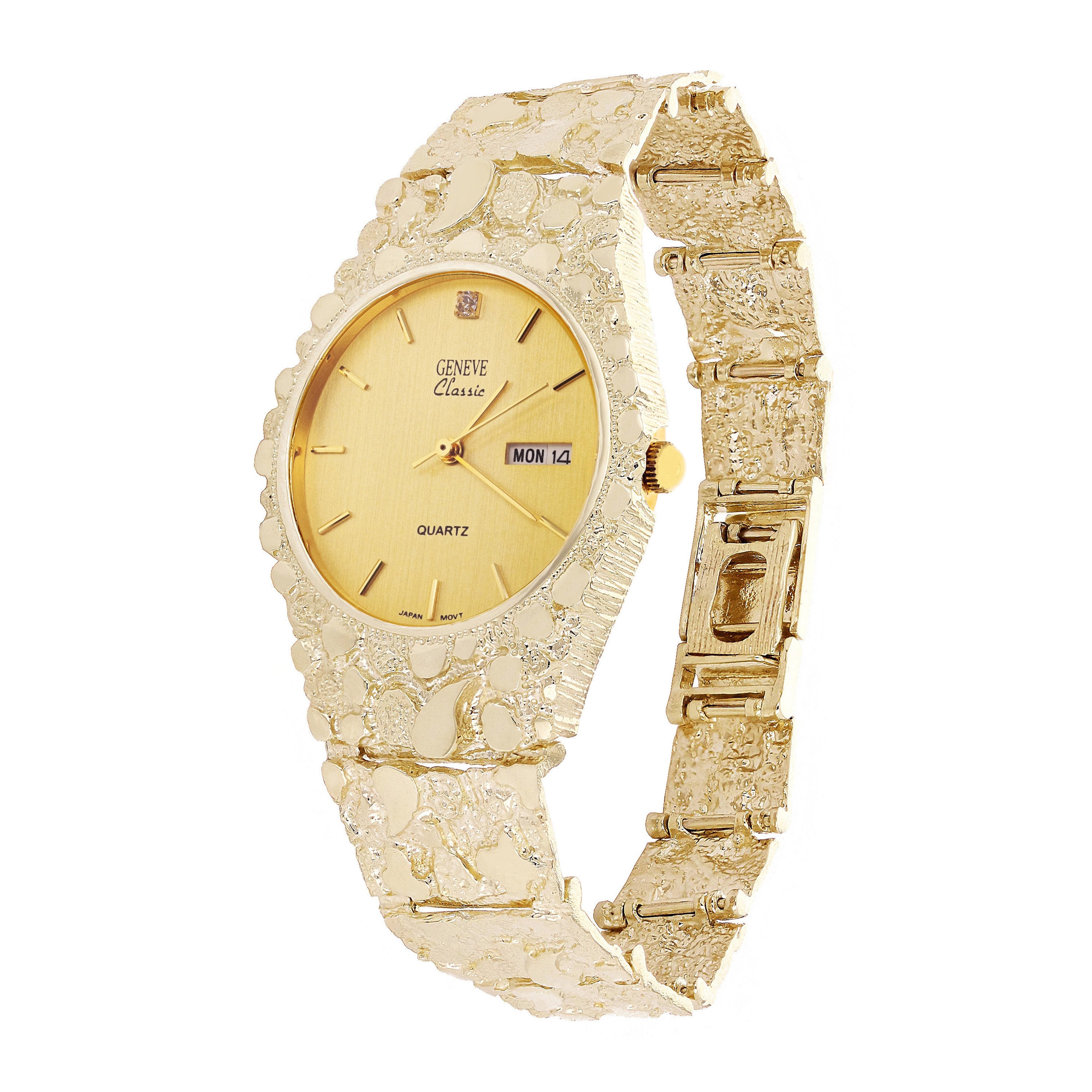 14k Yellow Gold Nugget Link Geneve Wrist Watch with Diamond 7-7.5" 53 grams