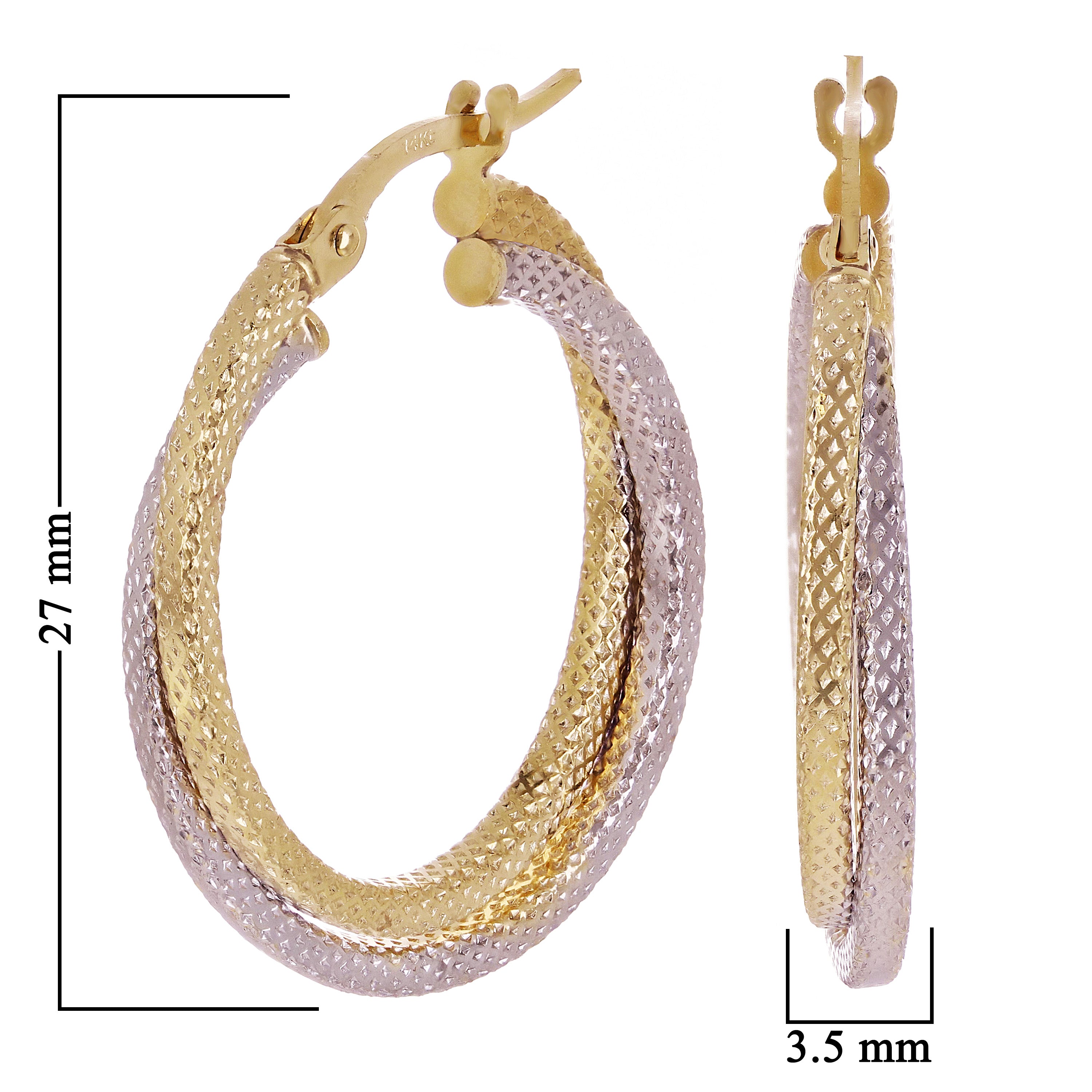 Italian 14k Two Tone Gold Twisted Double Hoop Earrings 1" 3.5mm 2 grams