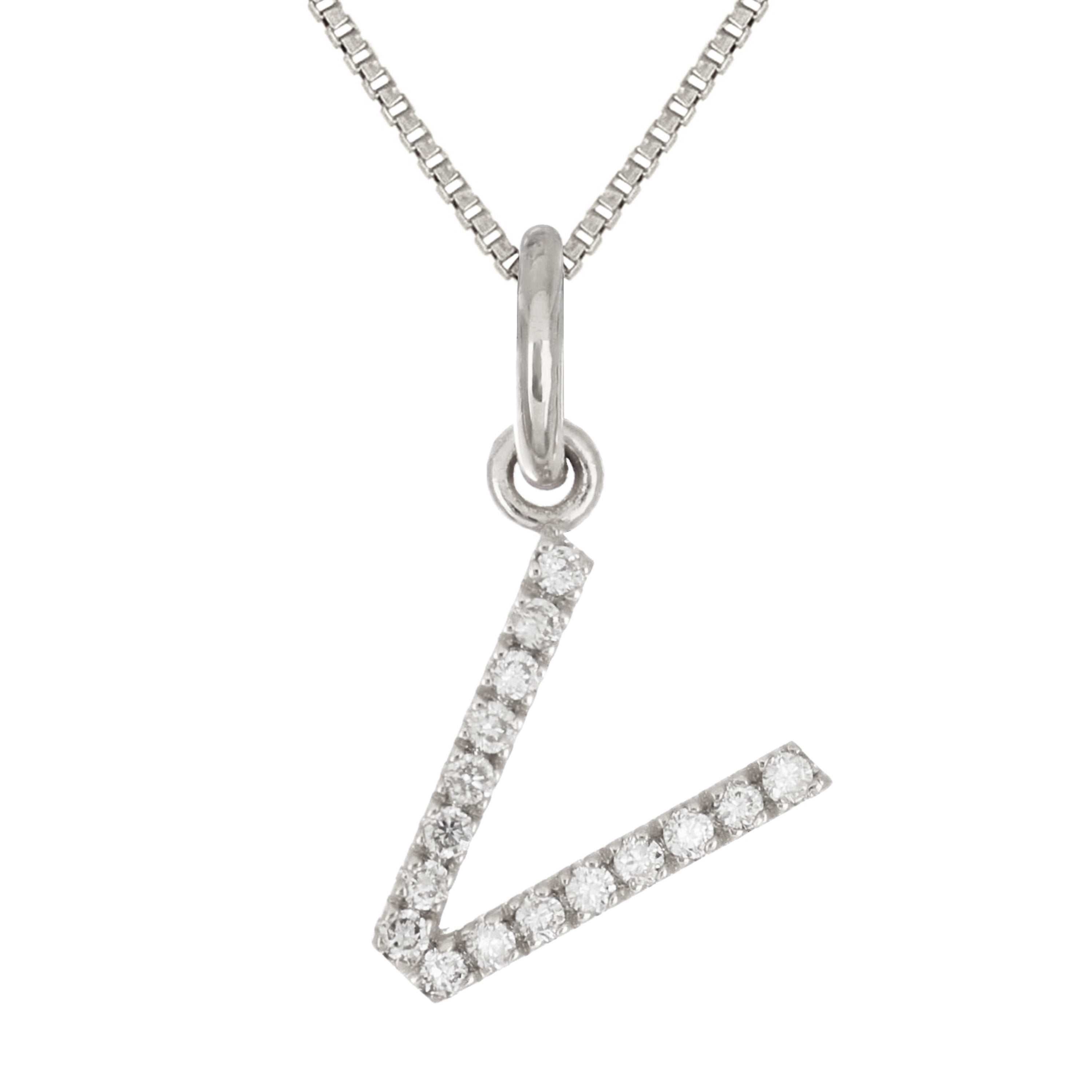 14k White Gold Diamond Initial Letter V Charm Pendant Necklace 18" - Letter V,White