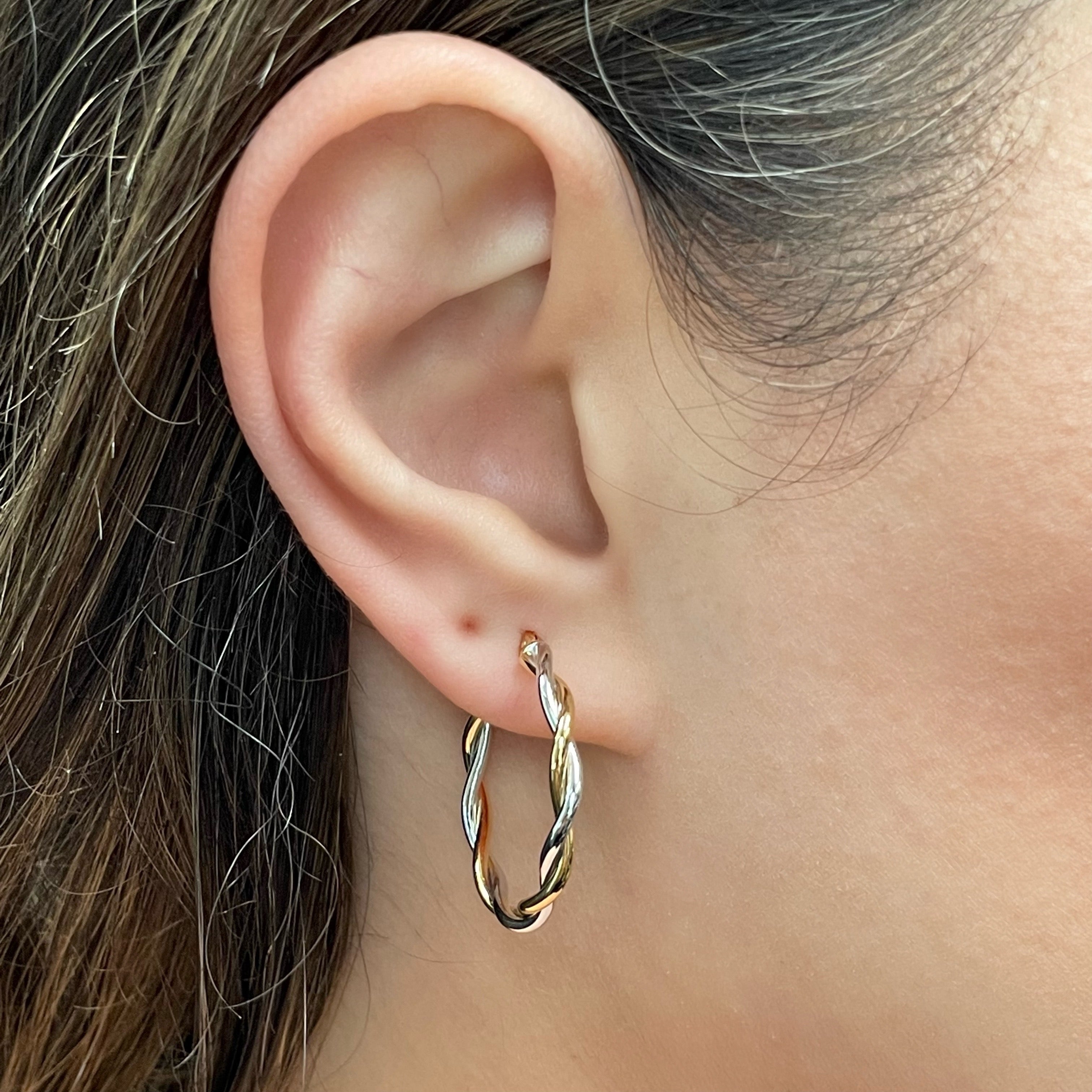 Italian 14k Yellow & White Gold Polished Twisted Medium Hollow Hoop Earrings