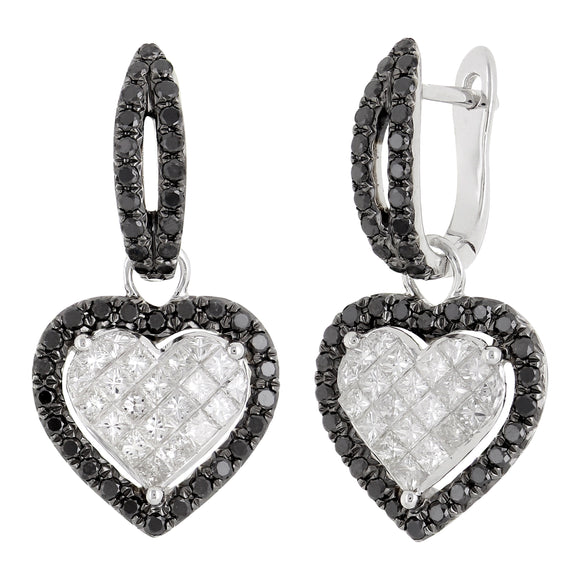 14k White Gold 2.17ctw Black & White Diamond Huggie Hoop Dangle Heart Earrings