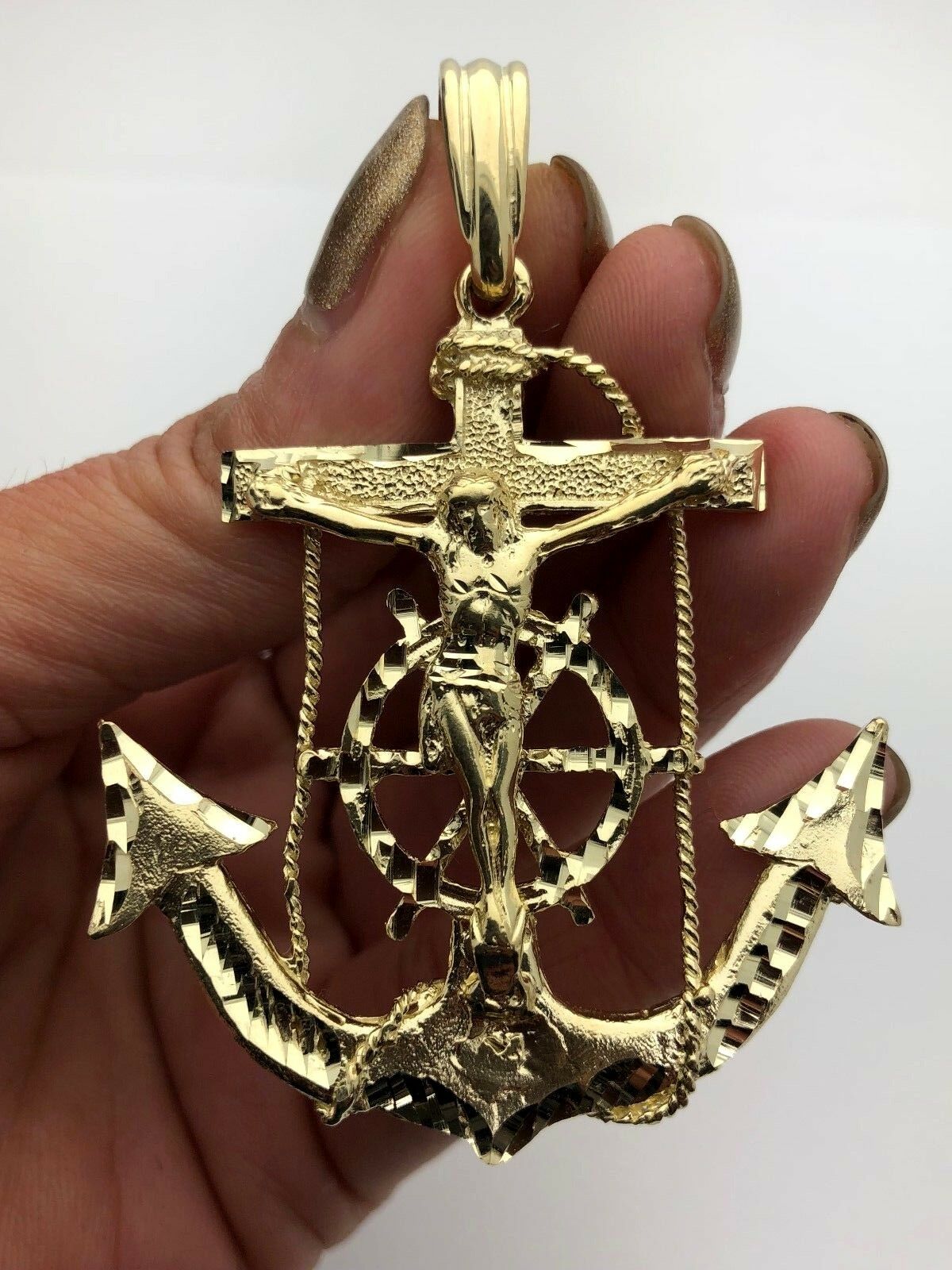 10k Yellow Gold Big Cross Jesus Crucifix Anchor Mariner Pendant 2.65" 18.6 grams