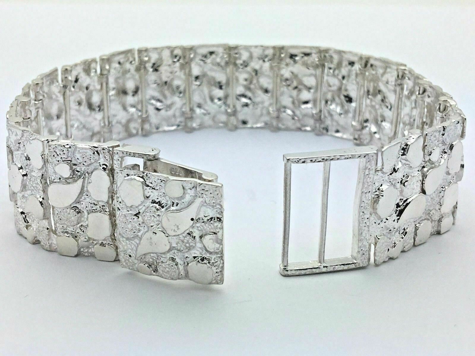 925 Sterling Silver Solid Nugget Bracelet Adjustable 7" 21.5mm 44 grams