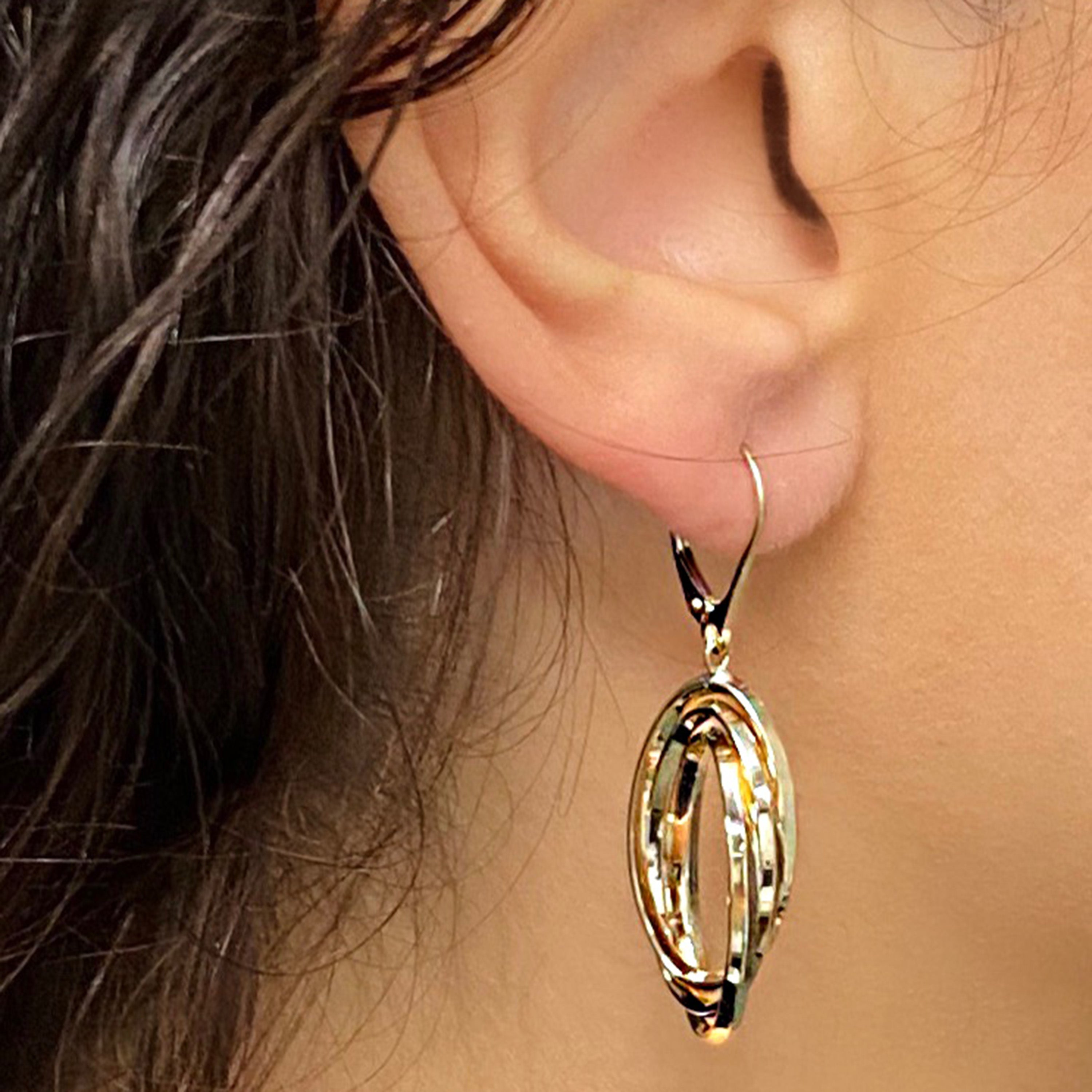 Italian 14k Yellow Gold Polished Triple Entwined Oval Hollow Dangle Earrings1.8"