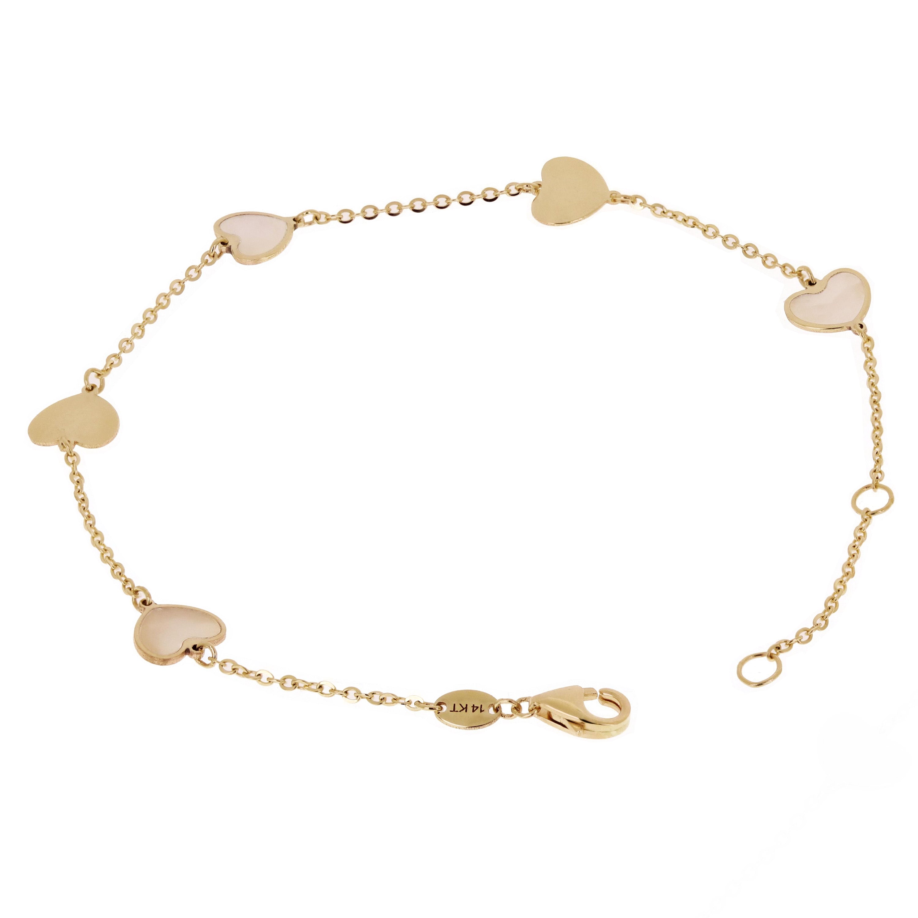 Italian 14k Yellow Gold & Mother of Pearl HEART Charm Bracelet 7" 1.5 grams