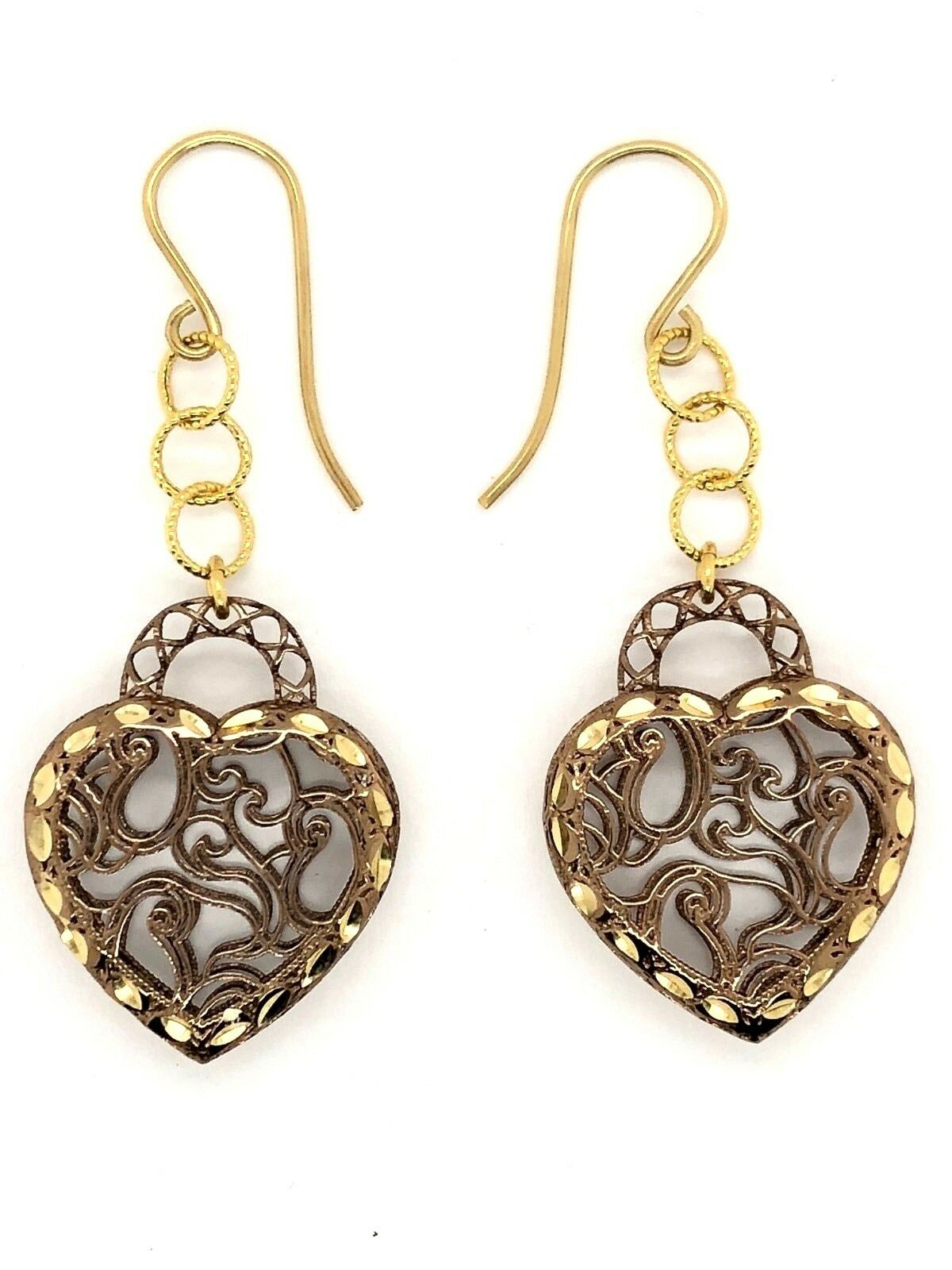 Italian 14k Two Tone Gold Filigree Heart Dangle Earrings & Bracelet Set 13.2g