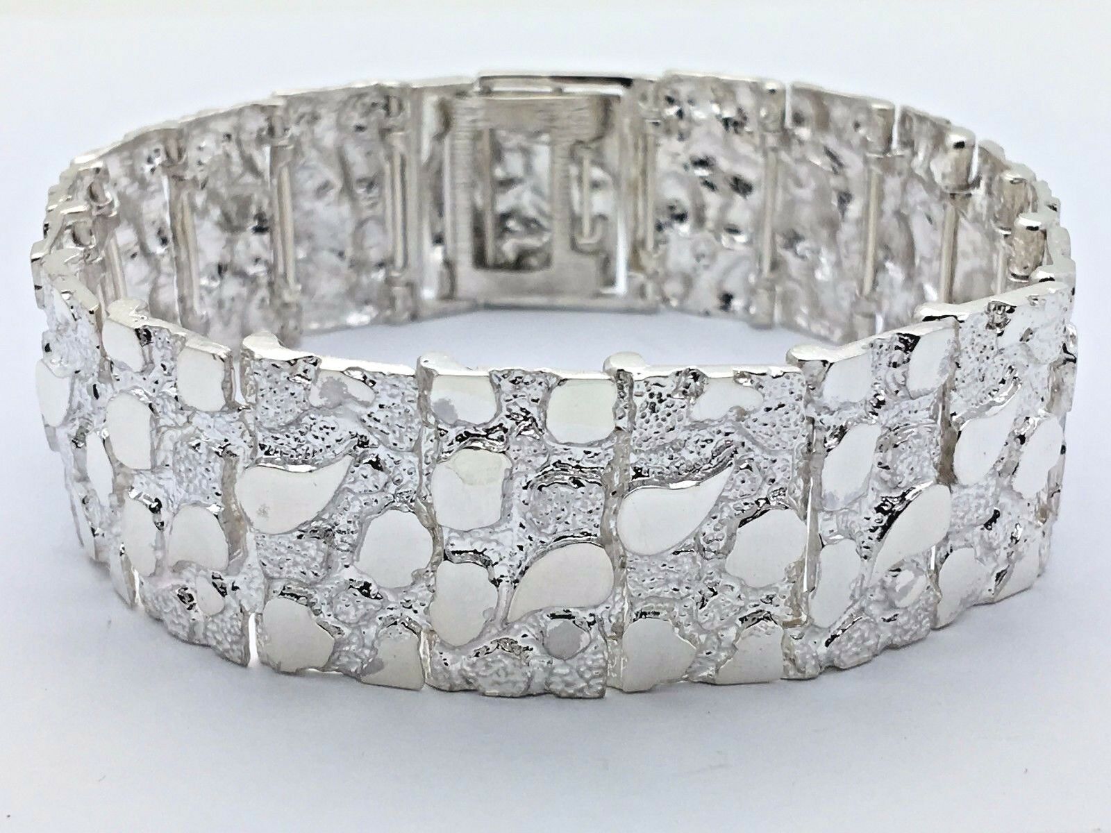 925 Sterling Silver Solid Nugget Bracelet 7.5" 21.5mm 45-48 grams - 7.5" 48 grams