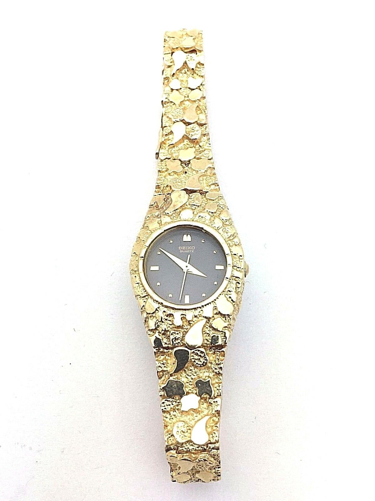 14k Yellow Gold Nugget Wrist Watch with Seiko Watch 7"-7.5" 37.2 grams