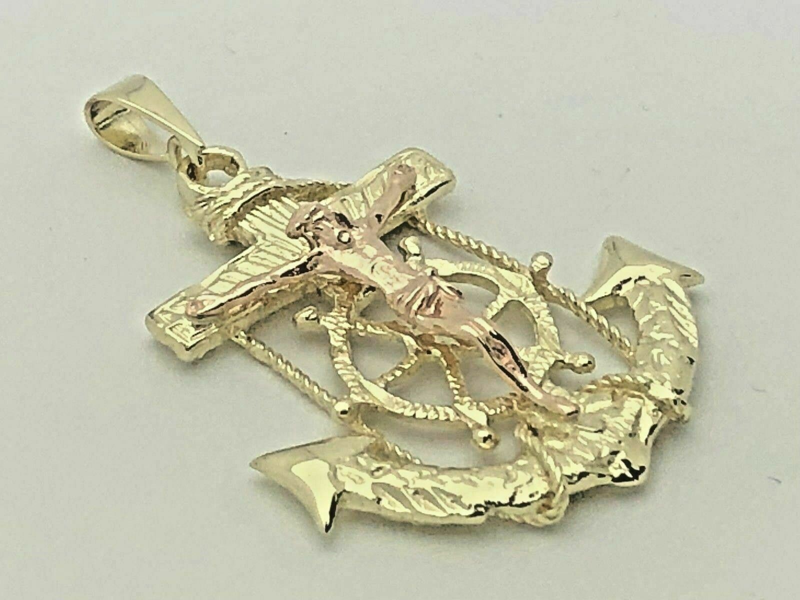 10k Two Tone Gold Jesus Christ Crucifix Anchor Mariner Pendant 8.1 grams