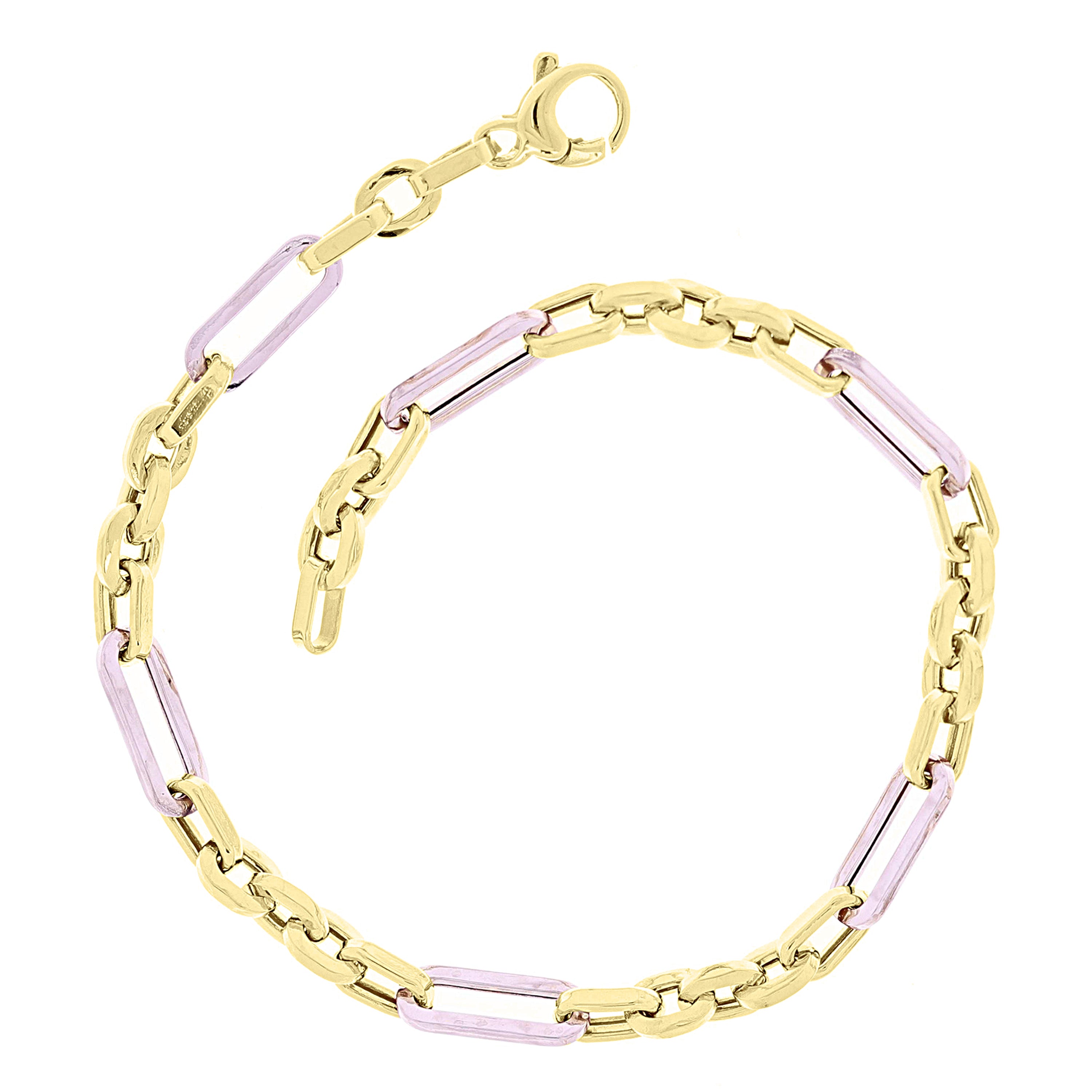 Italian 14k Two Tone Gold Oval & Paper Clip Link Chain Bracelet 7.5" 4mm 4 grams