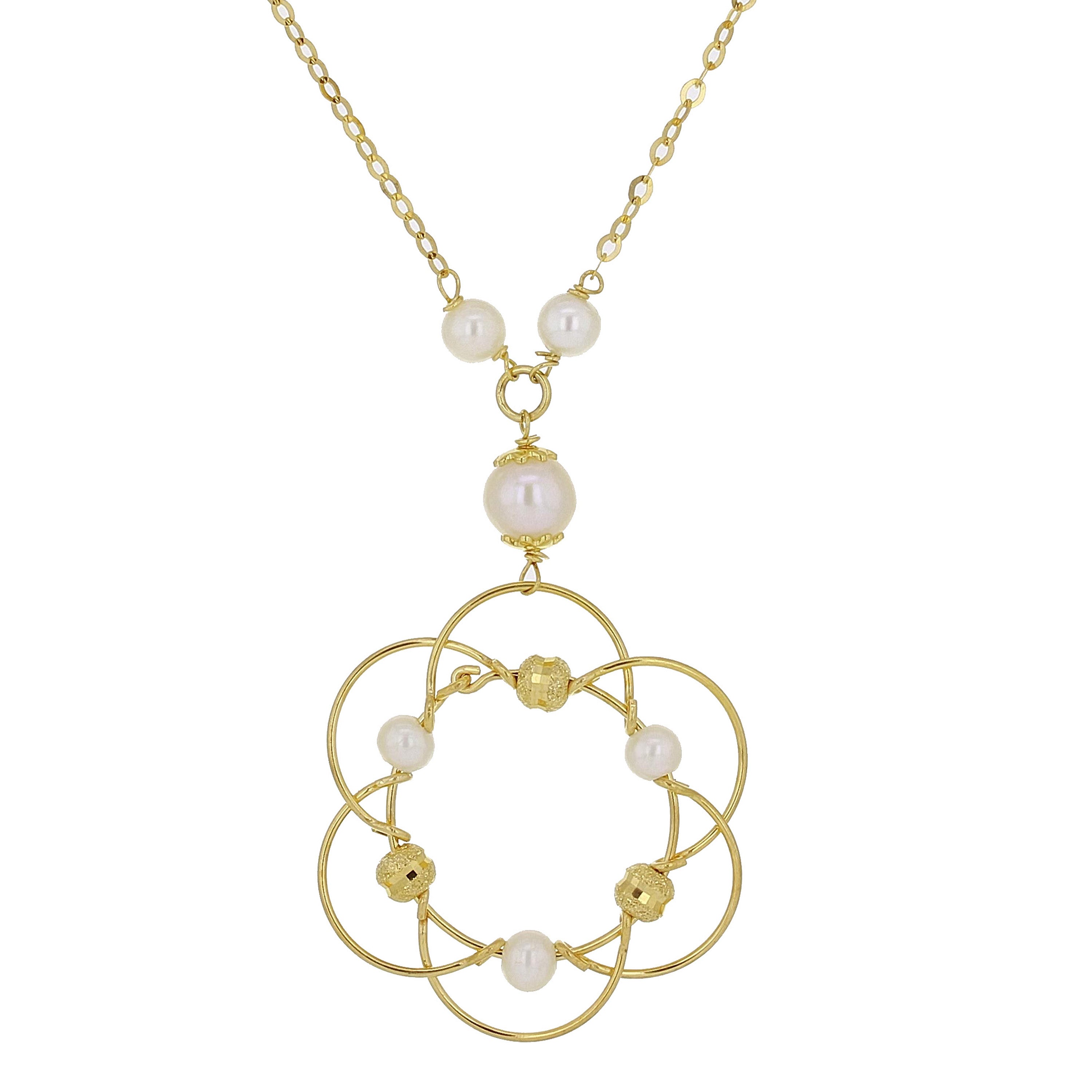 Italian 14k Yellow Gold White Pearl Magic Wire Sphere Pendant Y-Necklace