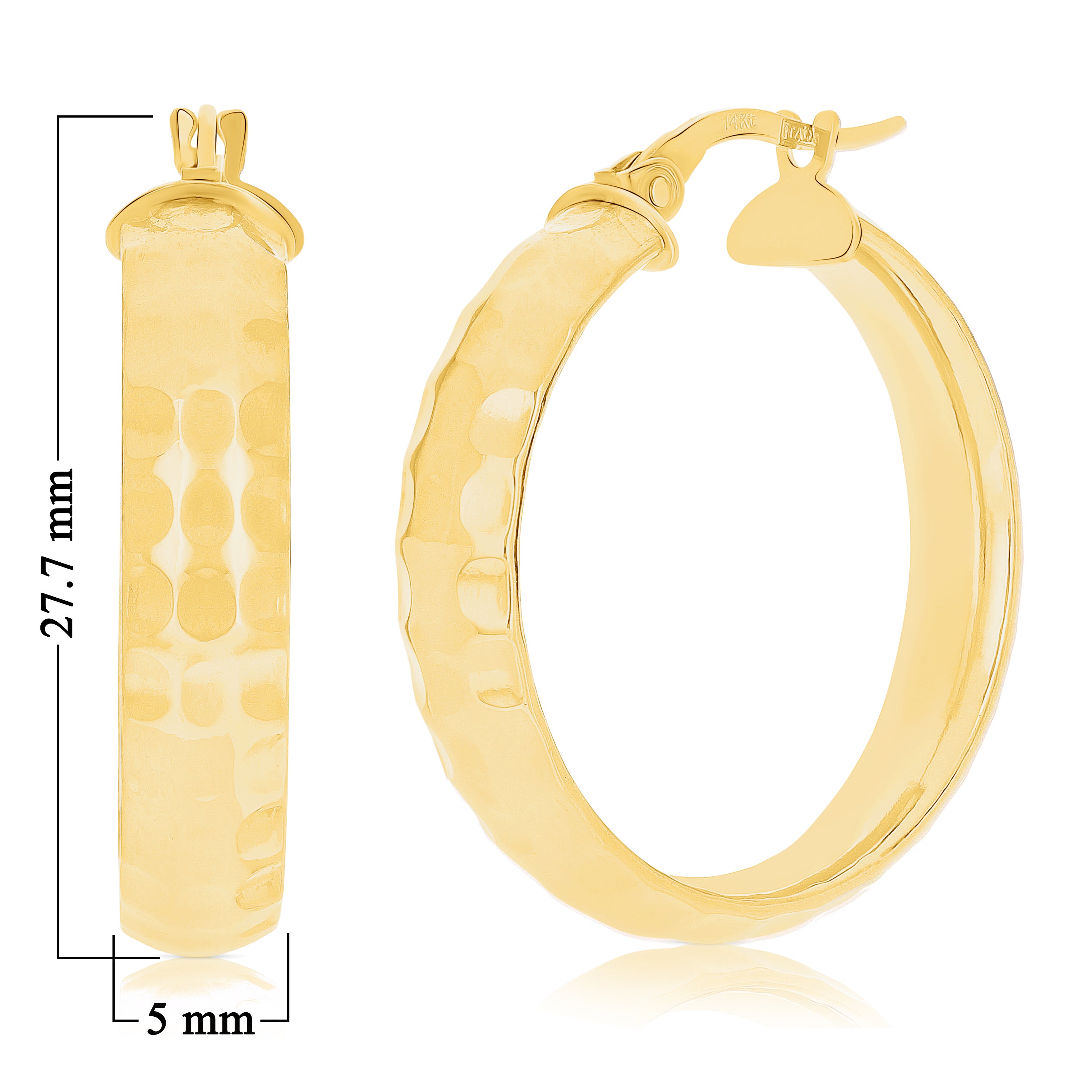 Italian 14k Yellow Gold Polished Hammered Flat Medium Hoop Earrings