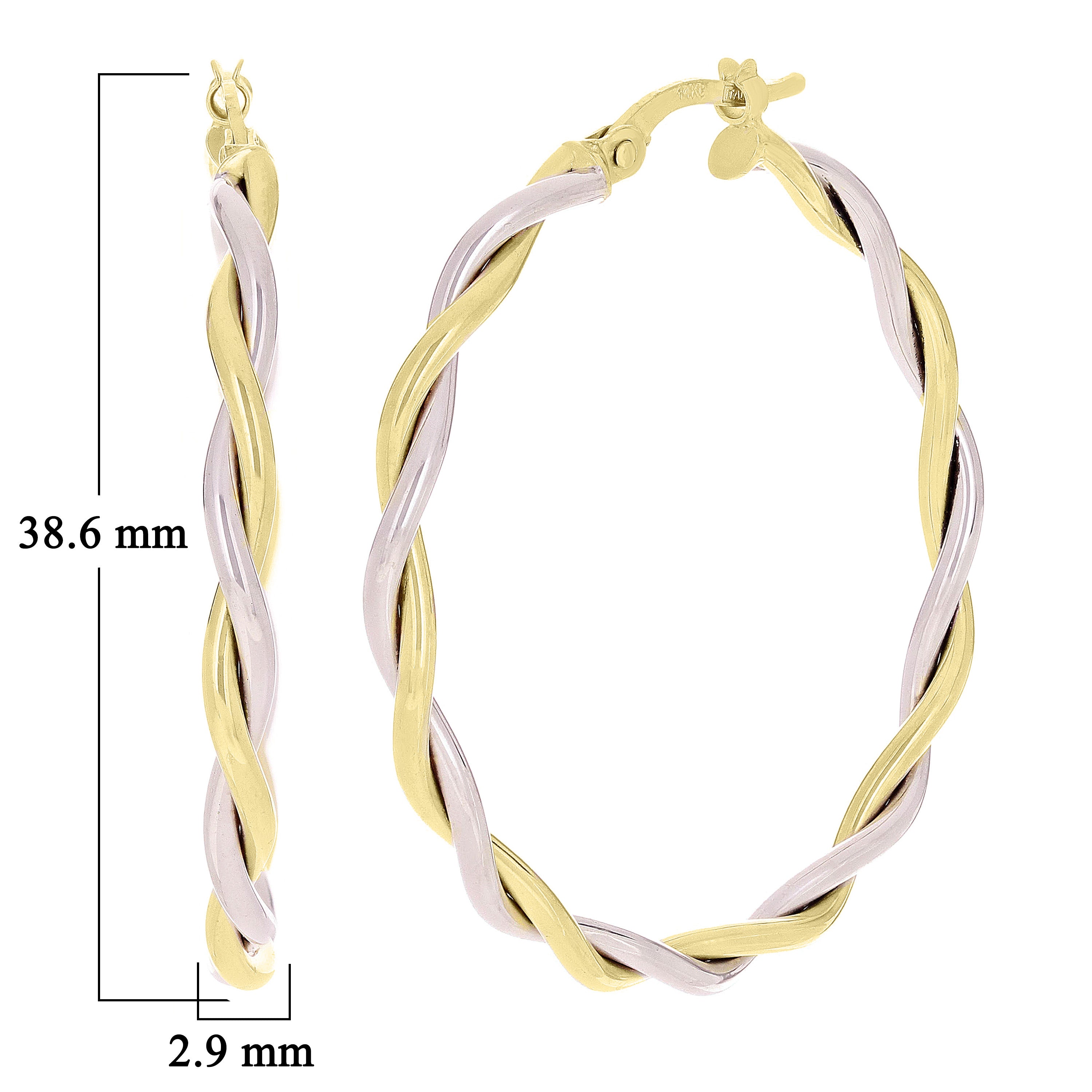 Italian 14k Yellow & White Gold Polished Twisted Hollow Hoop Earrings 1.6" 3mm