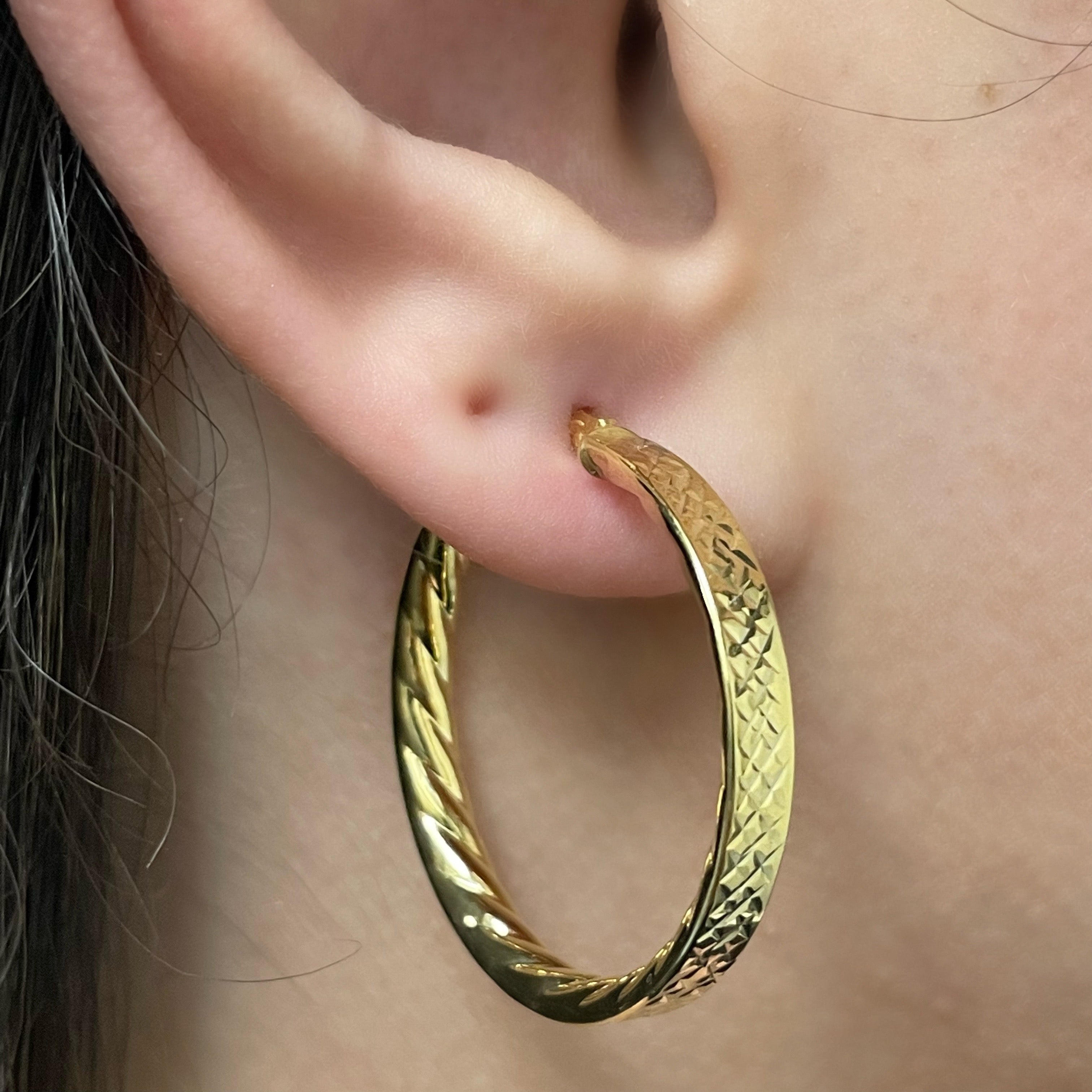 Italian 14k Yellow Gold Hollow Flat Tube Hoop Earrings 1.2" 3.7mm 3.3 grams
